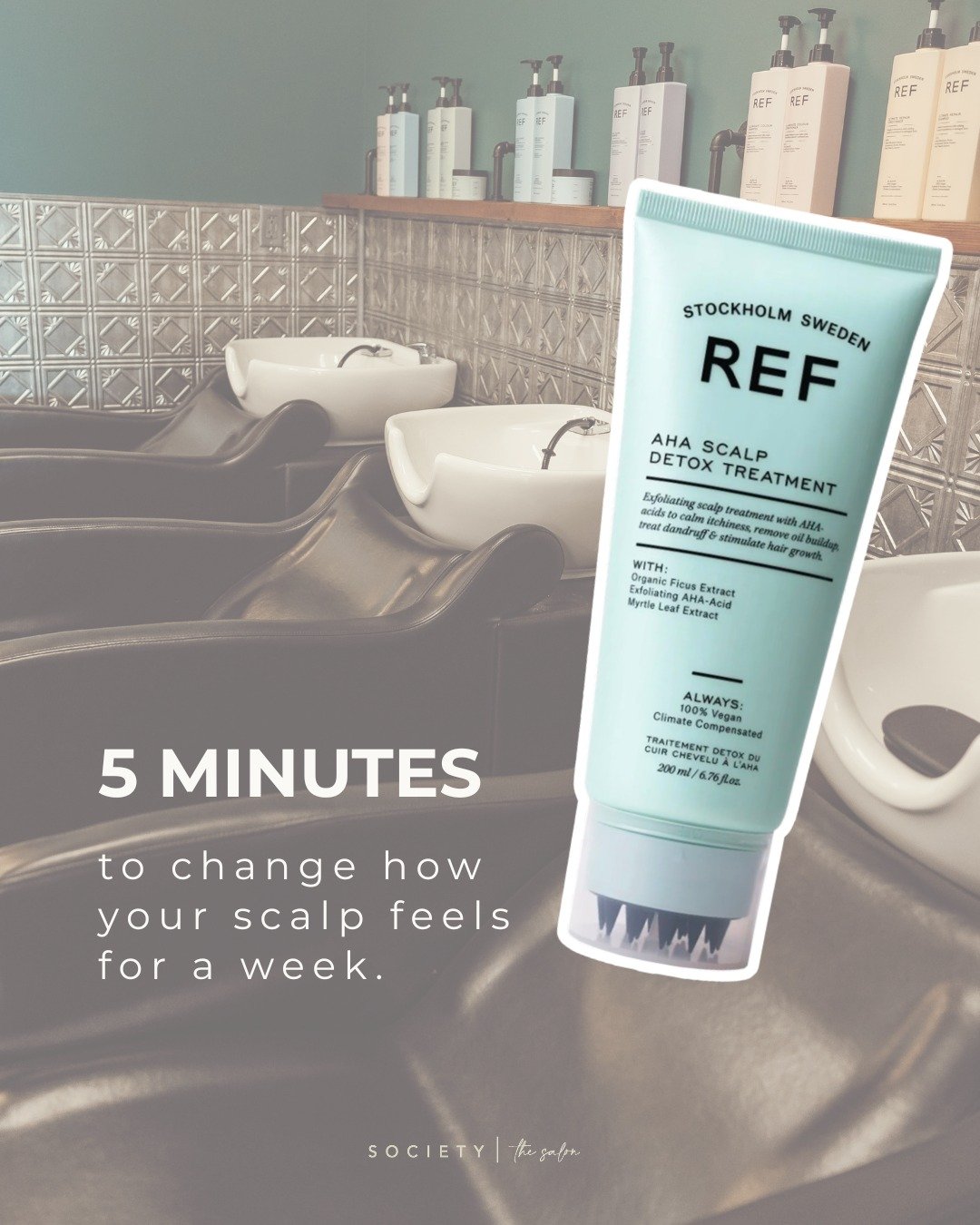 An add-on that takes five minutes and changes how your scalp feels for a week.

REF's AHA scalp treatment is a leave-on exfoliant we apply at the bowl. It clears product buildup, calms an itchy scalp, and feels noticeably cool the second it hits your
