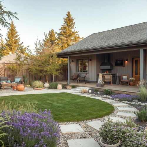A backyard with a well-manicured lawn, potted plants, and a stone pathway leading to a house with a porch. The porch has outdoor furniture and a built-in fireplace, surrounded by trees and shrubbery.