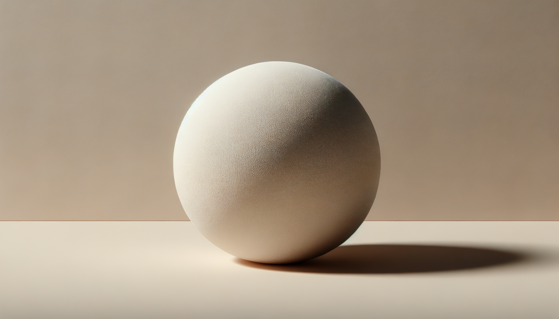 A textured white sphere resting on a flat surface with a shadow cast to the right, against a neutral beige background.