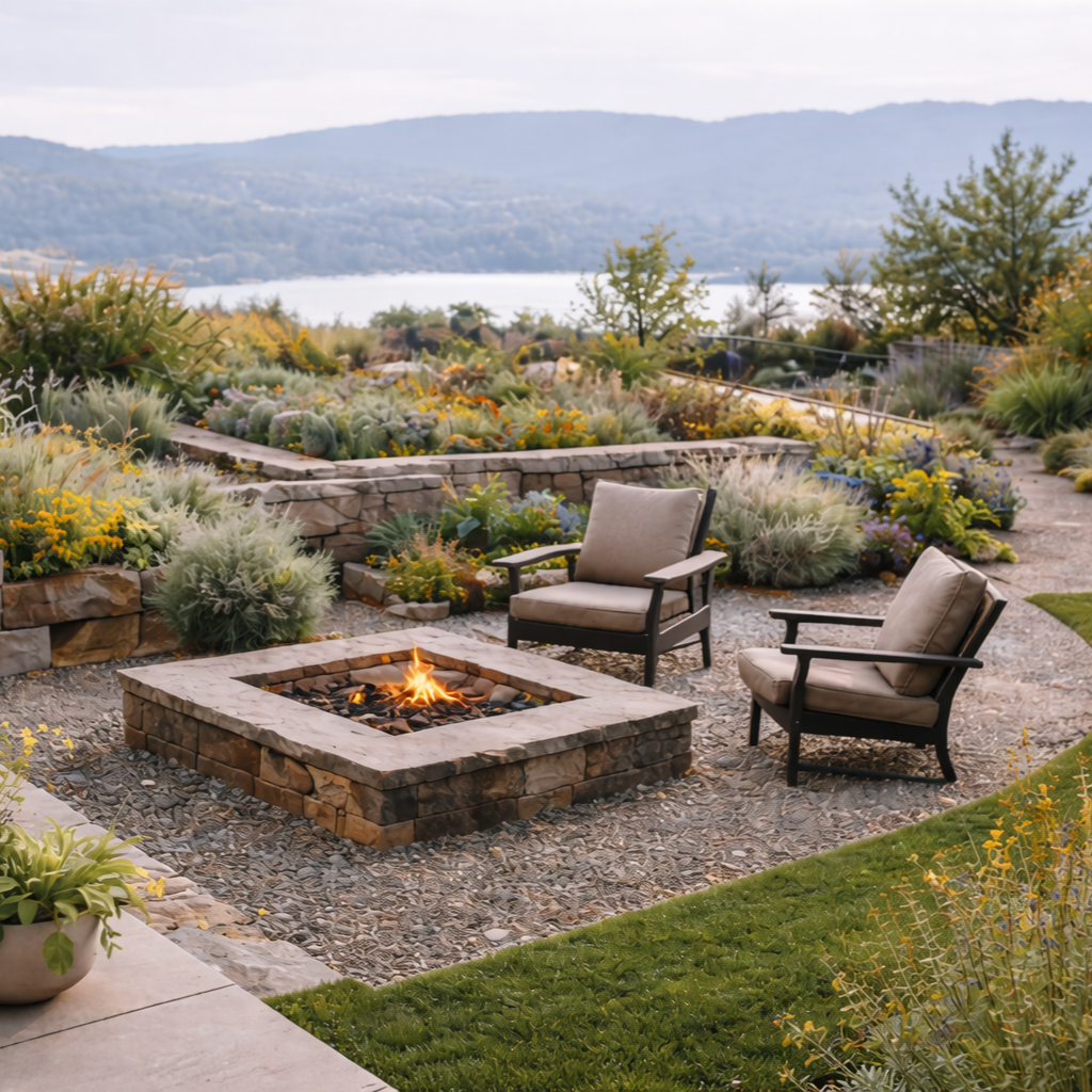 A backyard with a stone fire pit, two cushioned chairs, and surrounding lush plants and flowers. In the background, there are trees, hills, and a body of water under a cloudy sky.
