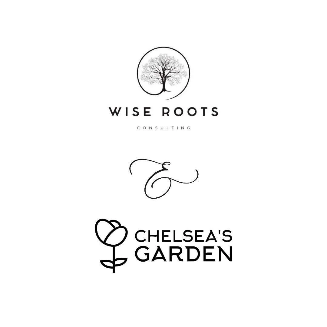A logo with a tree inside a circle at the top, the words "Wise Roots Consulting" below it, a decorative line, and a flower drawing with the words "Chelsea's Garden" next to it.