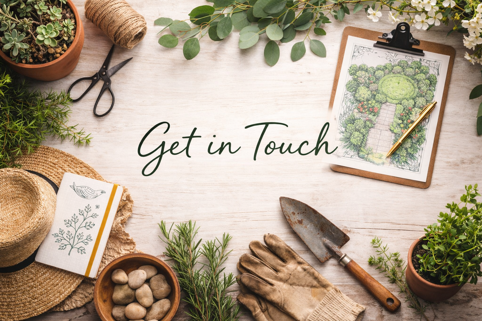 A gardening workspace with plants, gardening tools, and a clipboard with garden design sketch, featuring the text 'Get in Touch' in the center.