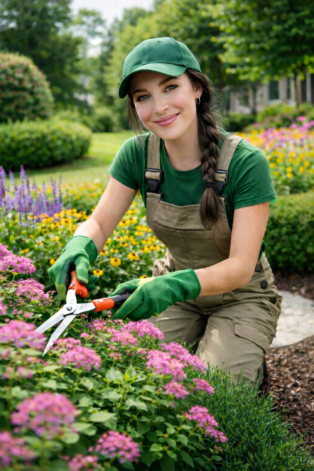 Young woman gardening in a park with colorful flowers, wearing green gloves, a green cap, and overalls, using pruning shears.