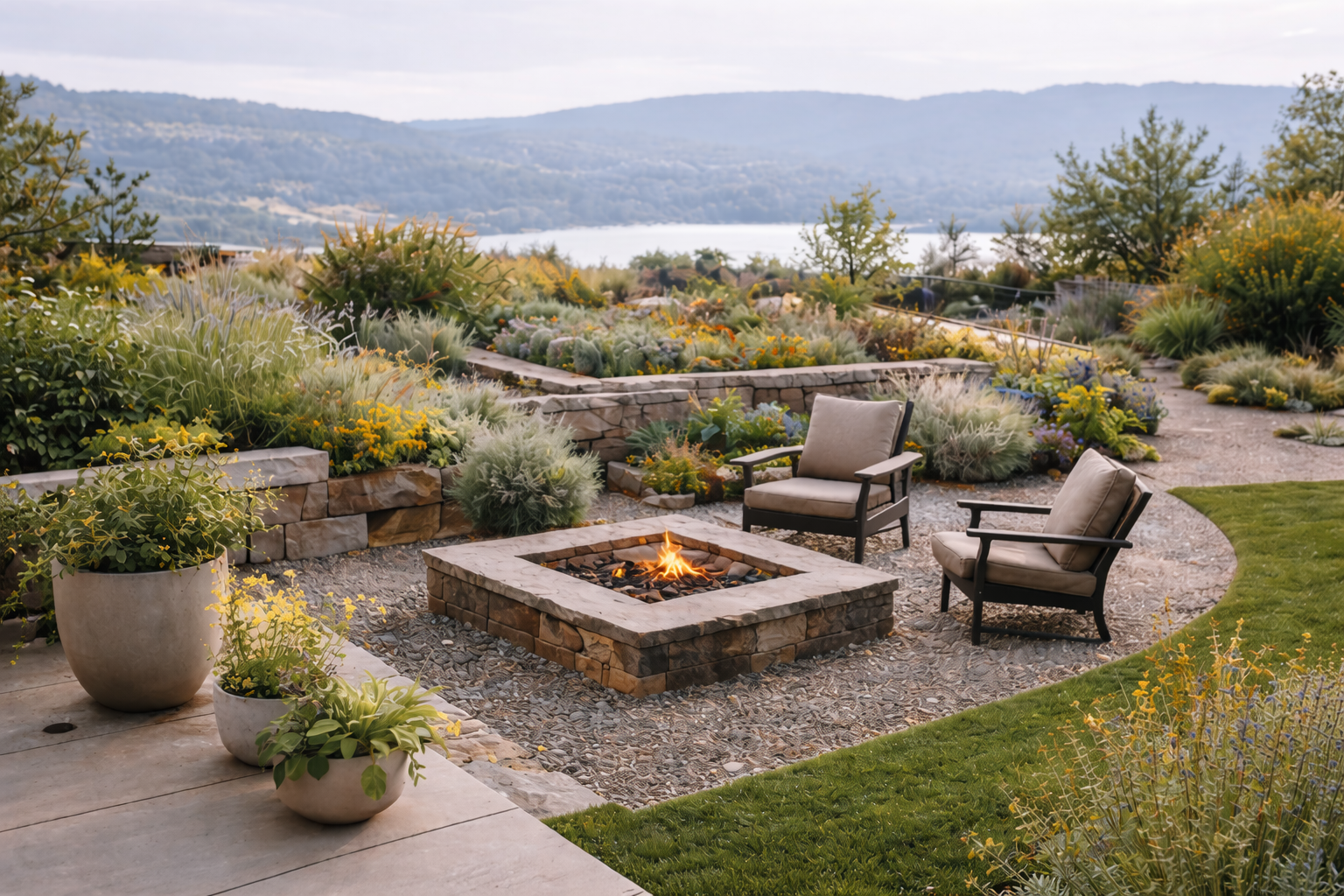 Outdoor patio with a fire pit, two chairs, potted plants, lush landscaping, and a view of distant hills and water.