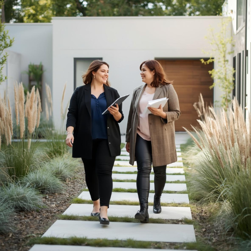 Two women walking on a concrete pathway in front of a modern house, carrying notebooks and talking.