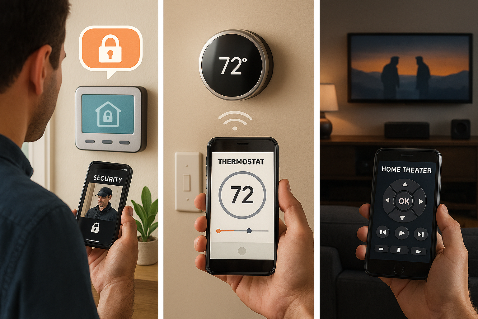 A person using a smartphone to control home security, climate, and entertainment systems.