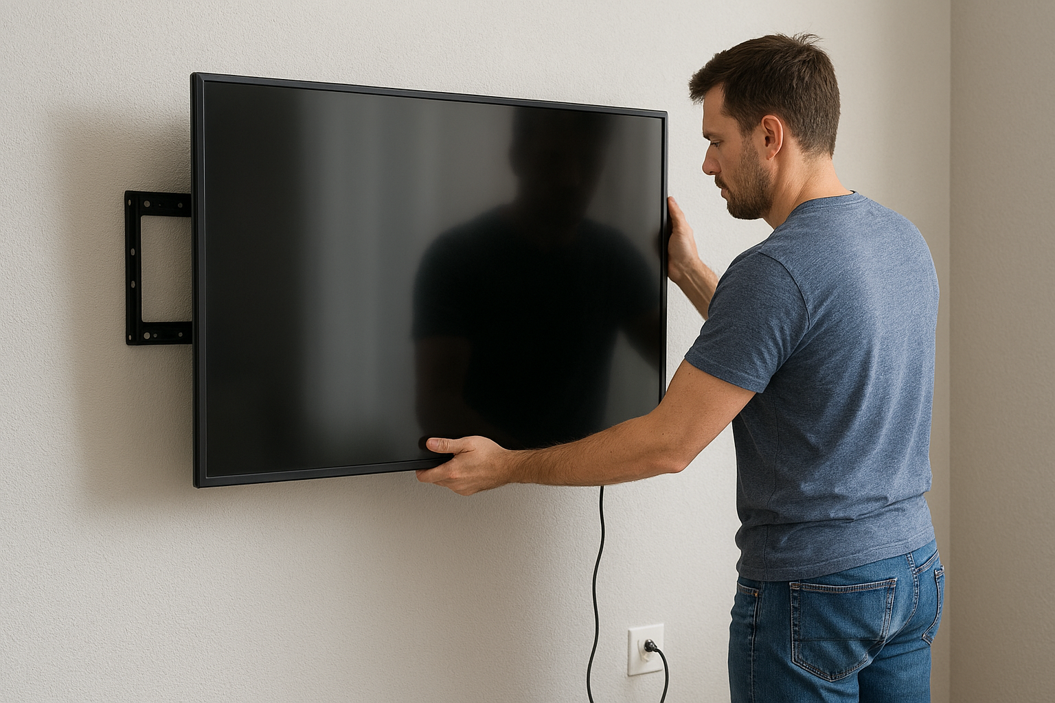 A man in a blue T-shirt and jeans hangs a flat-screen TV on a wall.