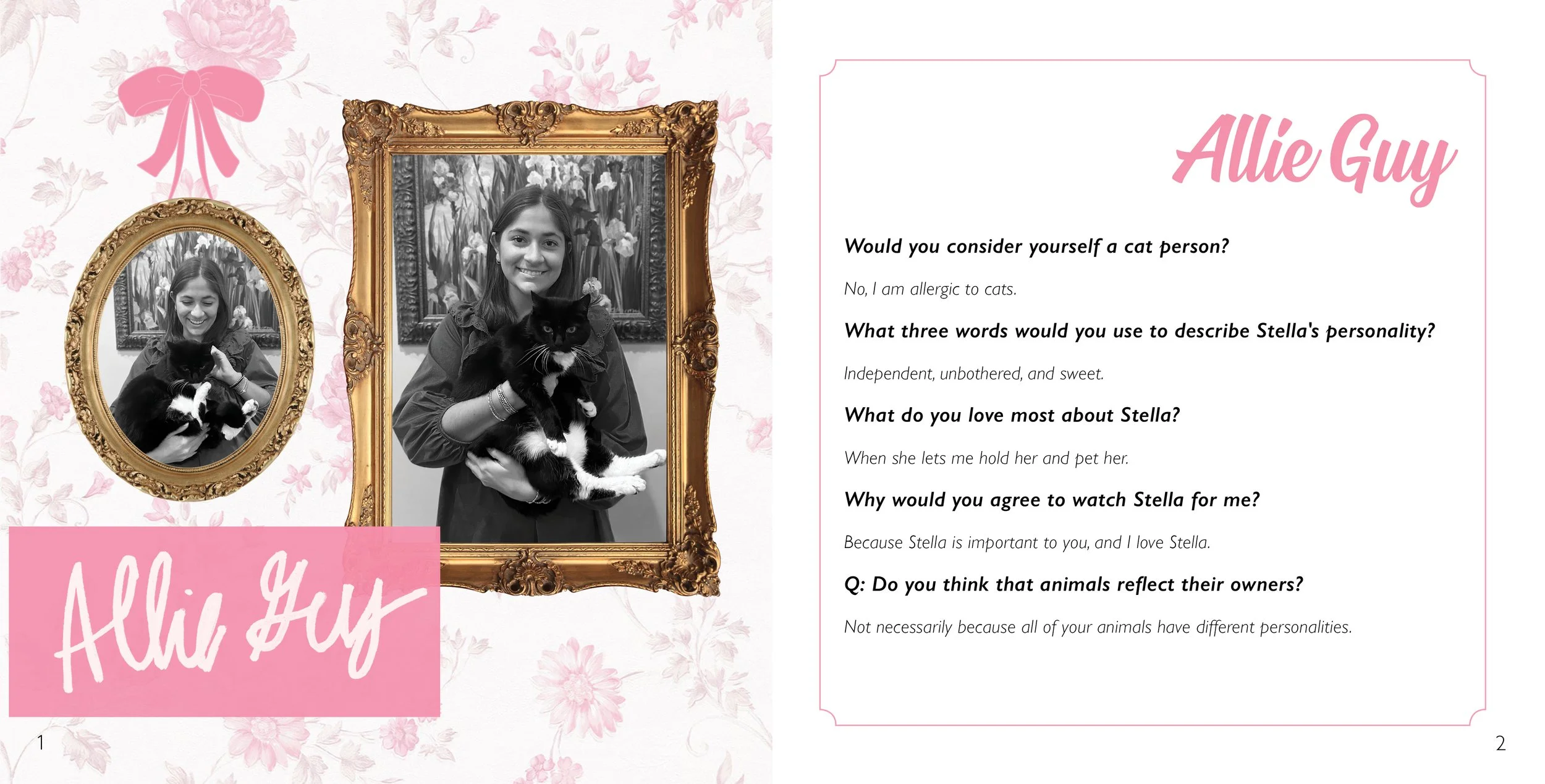 Interior book page featuring interview questions and answers about Stella the cat, set in a pink, floral layout.