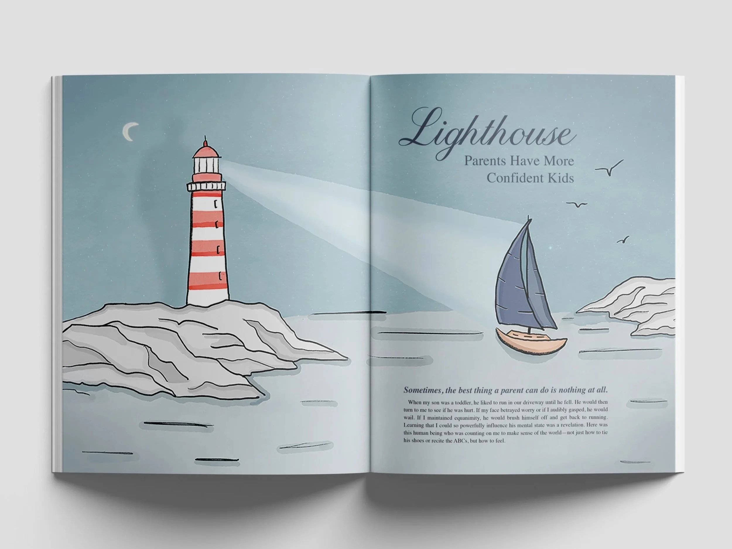 Two‑page magazine illustration showing a lighthouse guiding a sailboat through rocky waters under a night sky.