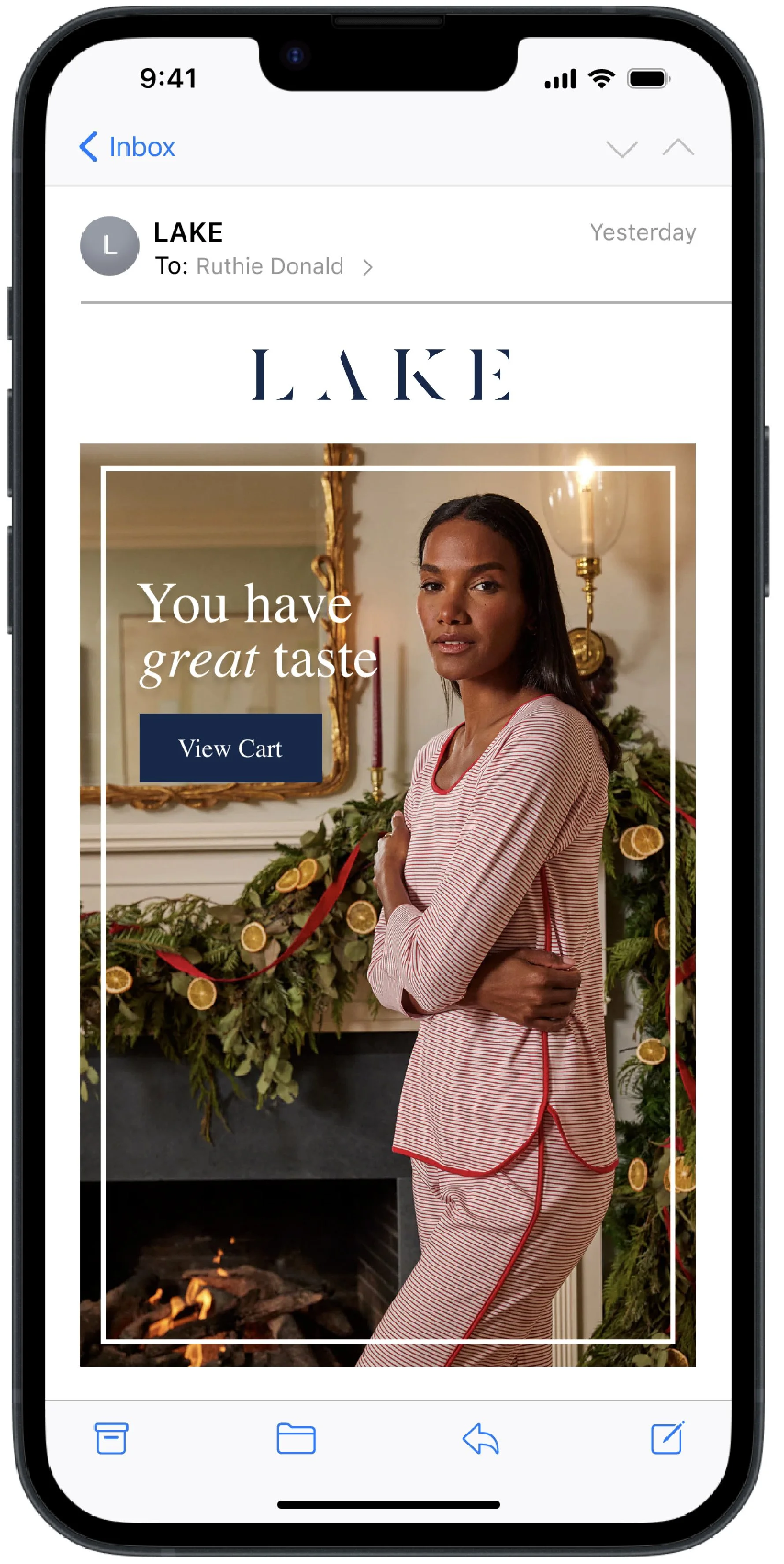 Mobile email marketing mockups for LAKE Pajamas, displaying responsive email designs on smartphone screens.
