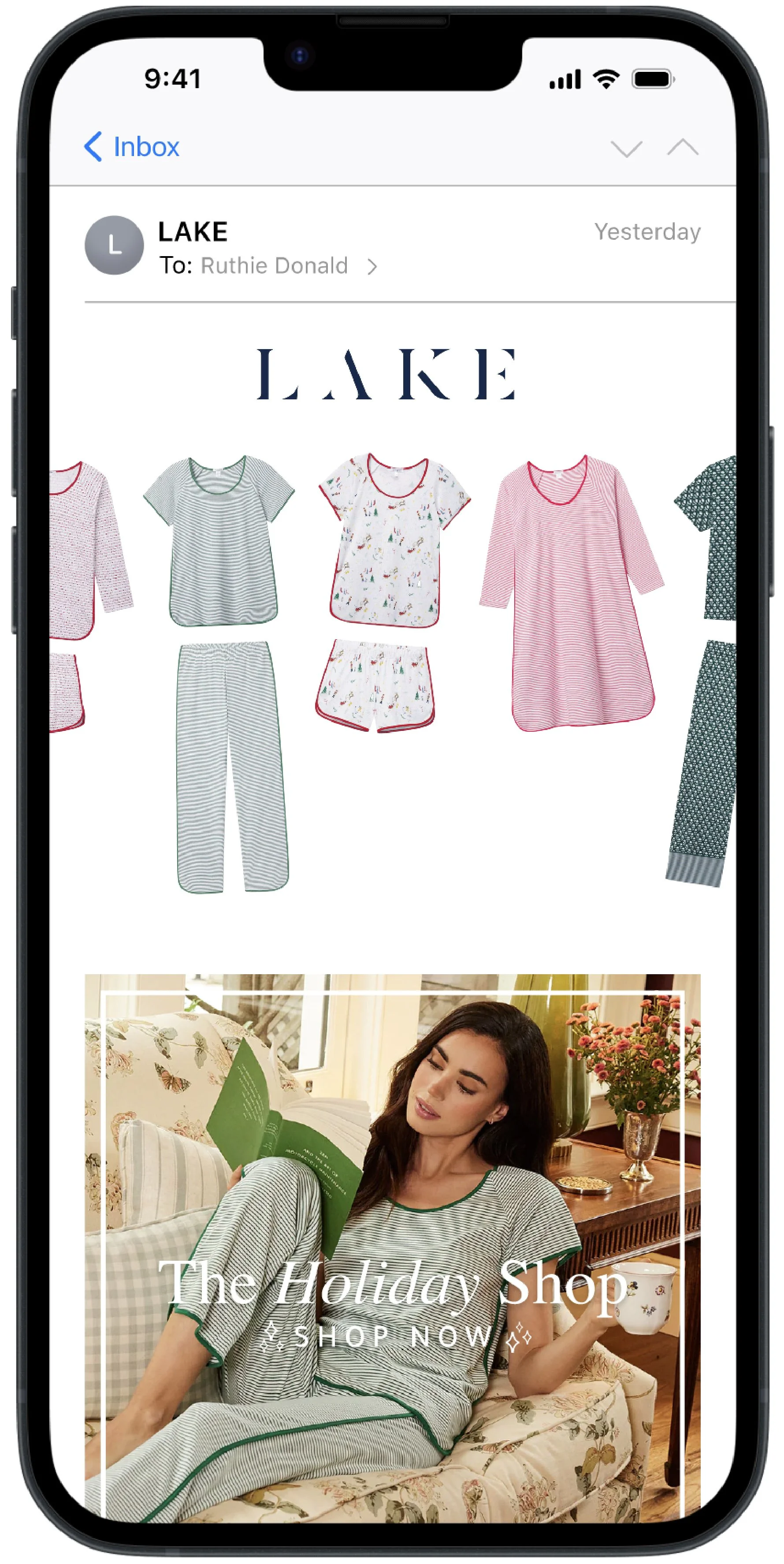 Mobile email marketing mockups for LAKE Pajamas, displaying responsive email designs on smartphone screens.