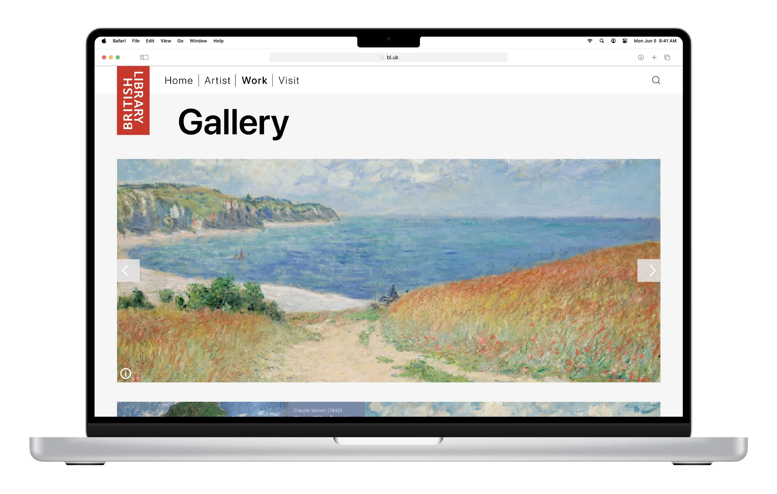 Desktop website design mockups for a British Museum experience, featuring gallery pages, artwork grids, and a “Plan Your Visit” page inspired by Claude Monet’s work.