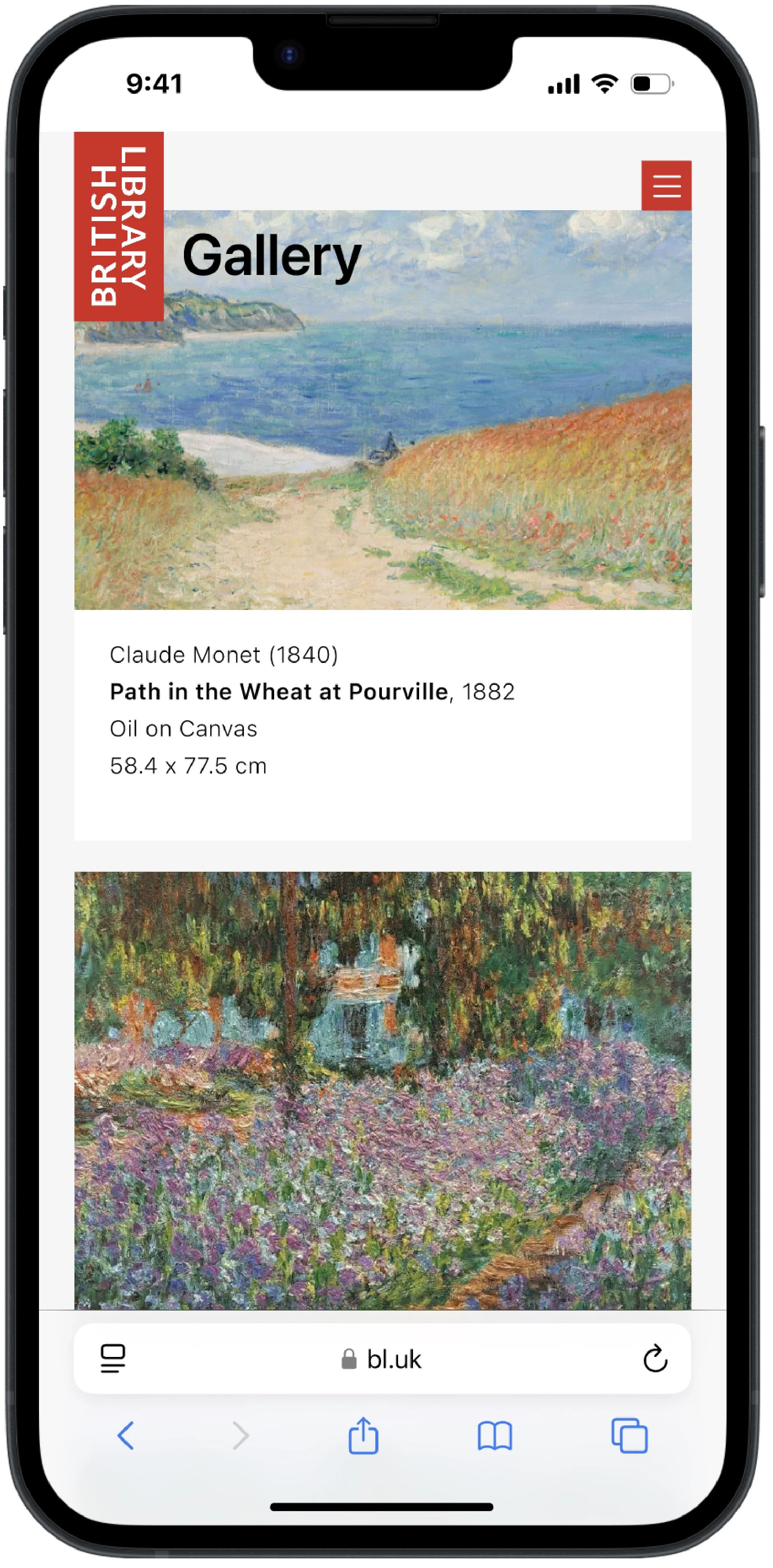 Mobile website design mockups for a British Museum experience, featuring gallery pages, artwork grids, and a “Plan Your Visit” page inspired by Claude Monet’s work.