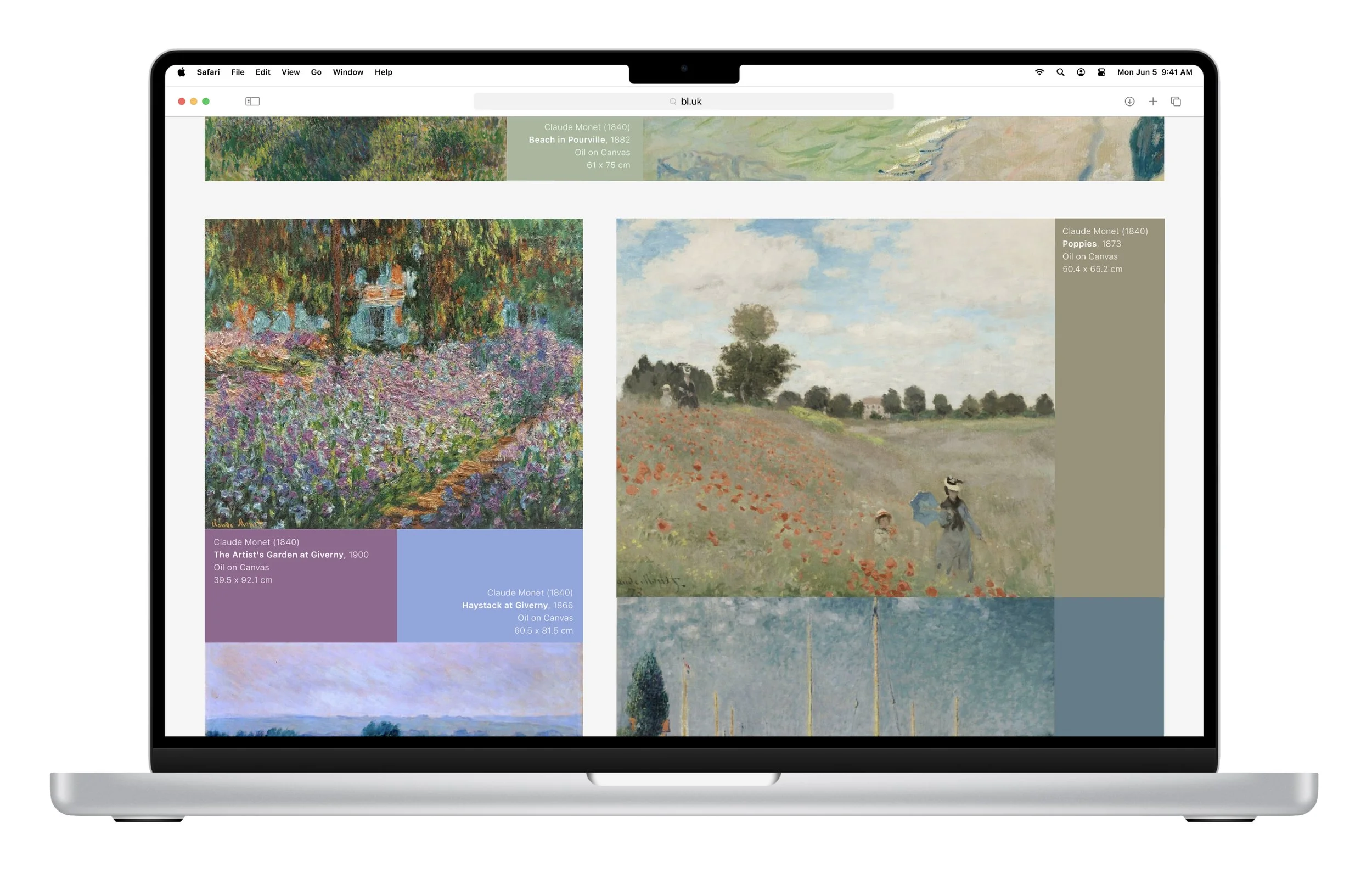 Desktop website design mockups for a British Museum experience, featuring gallery pages, artwork grids, and a “Plan Your Visit” page inspired by Claude Monet’s work.