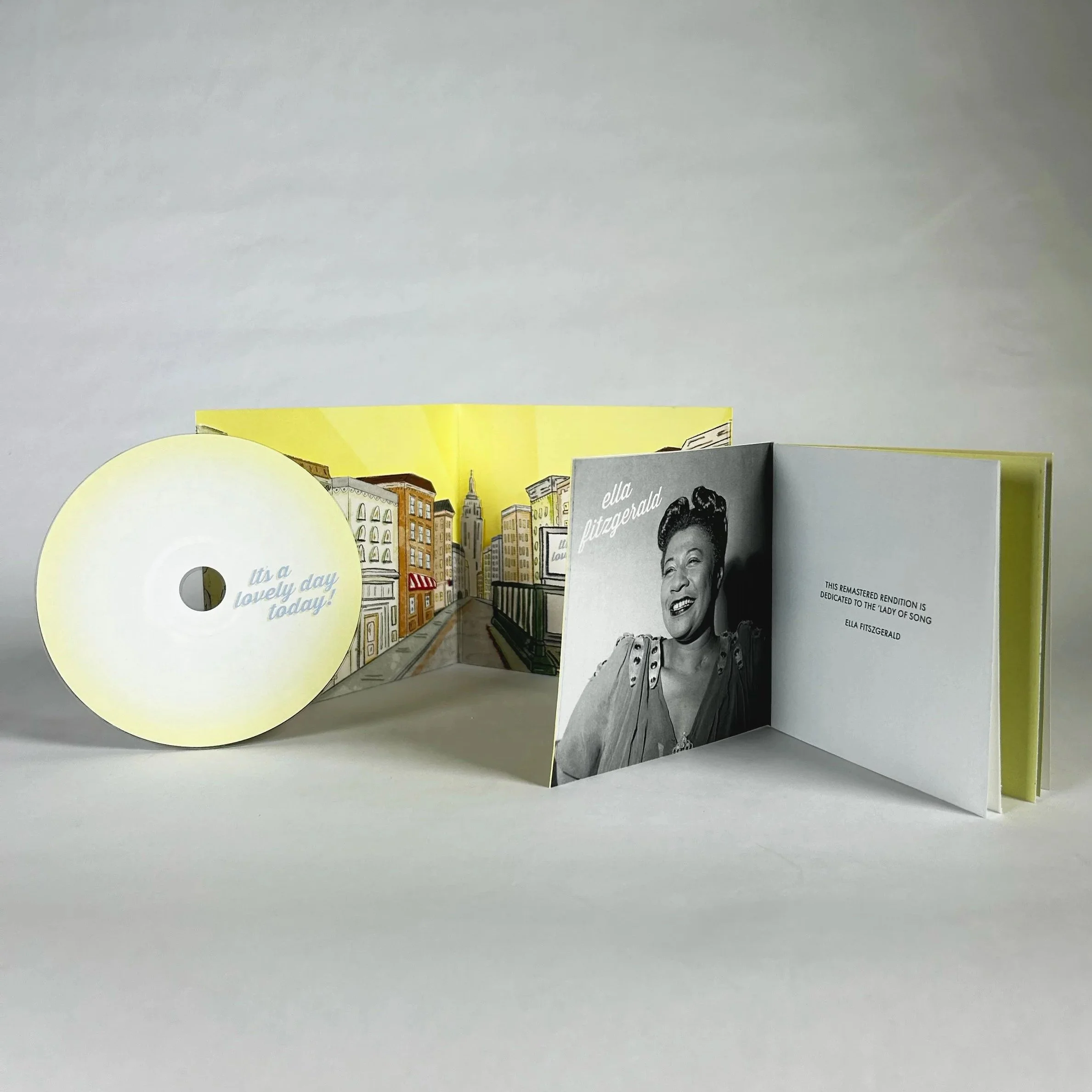 Multi‑panel CD packaging layout showing the cover, booklet, illustrated interior, disc, and tracklist.
