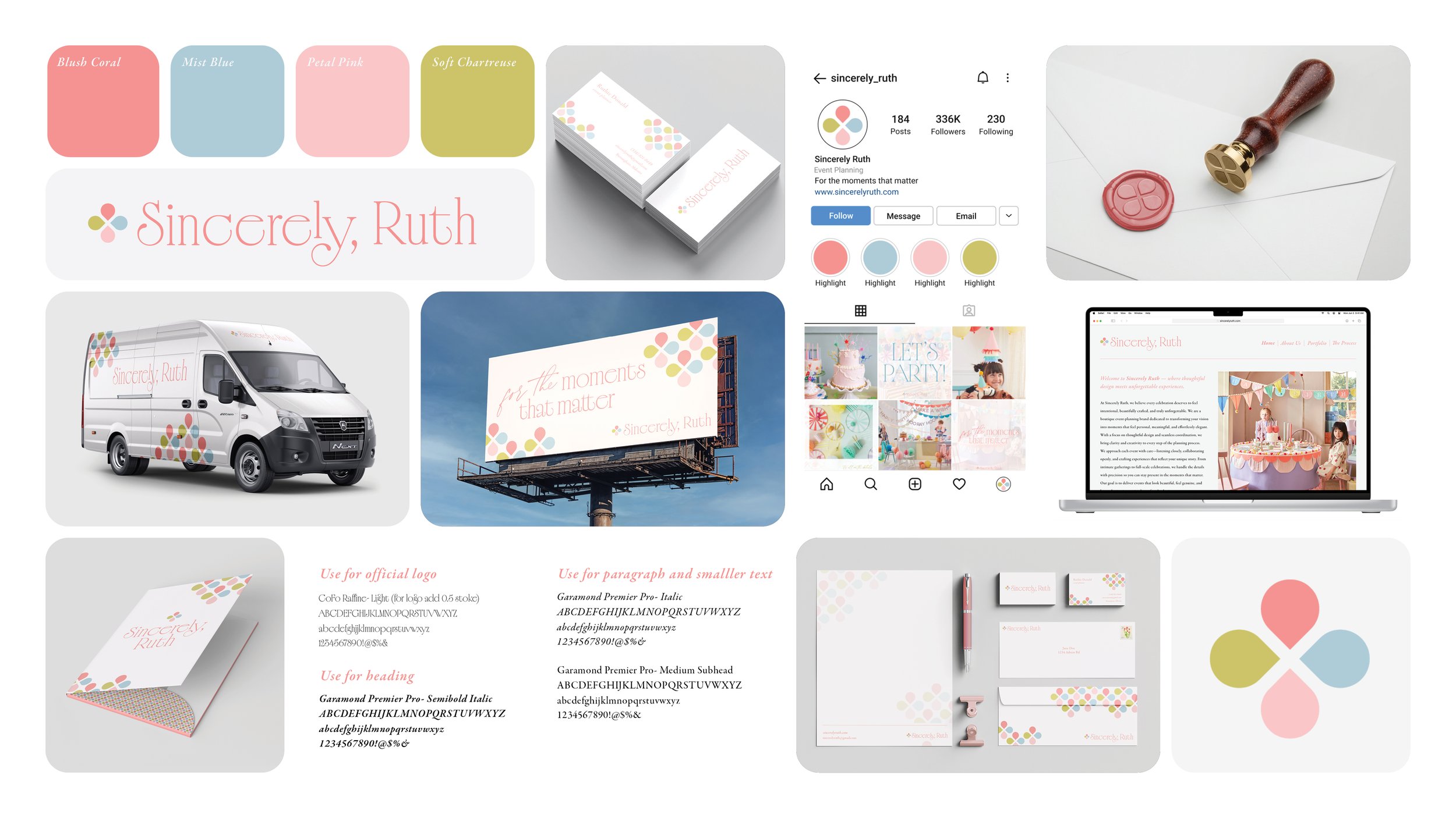 Bento board brand presentation for Sincerely, Ruth, including logo usage, color palette, stationery, packaging, vehicle wrap, and marketing mockups.