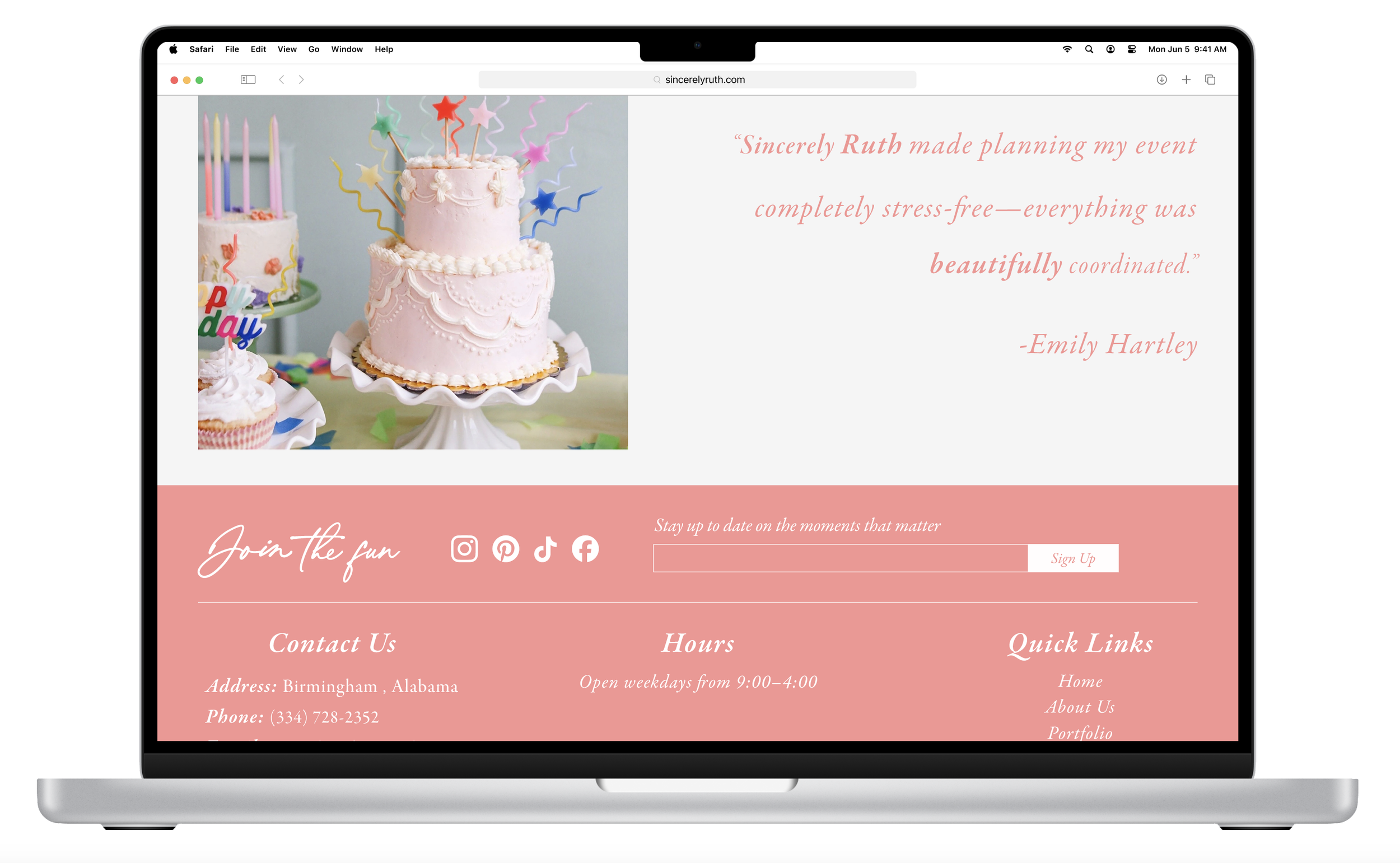Website mockup design for Sincerely, Ruth, an event styling and party planning brand, featuring homepage, portfolio layout, and cohesive brand visuals.