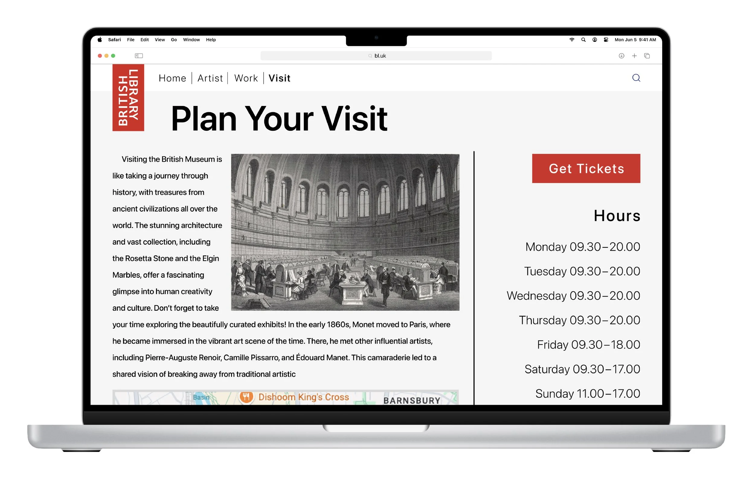 Desktop website design mockups for a British Museum experience, featuring gallery pages, artwork grids, and a “Plan Your Visit” page inspired by Claude Monet’s work.