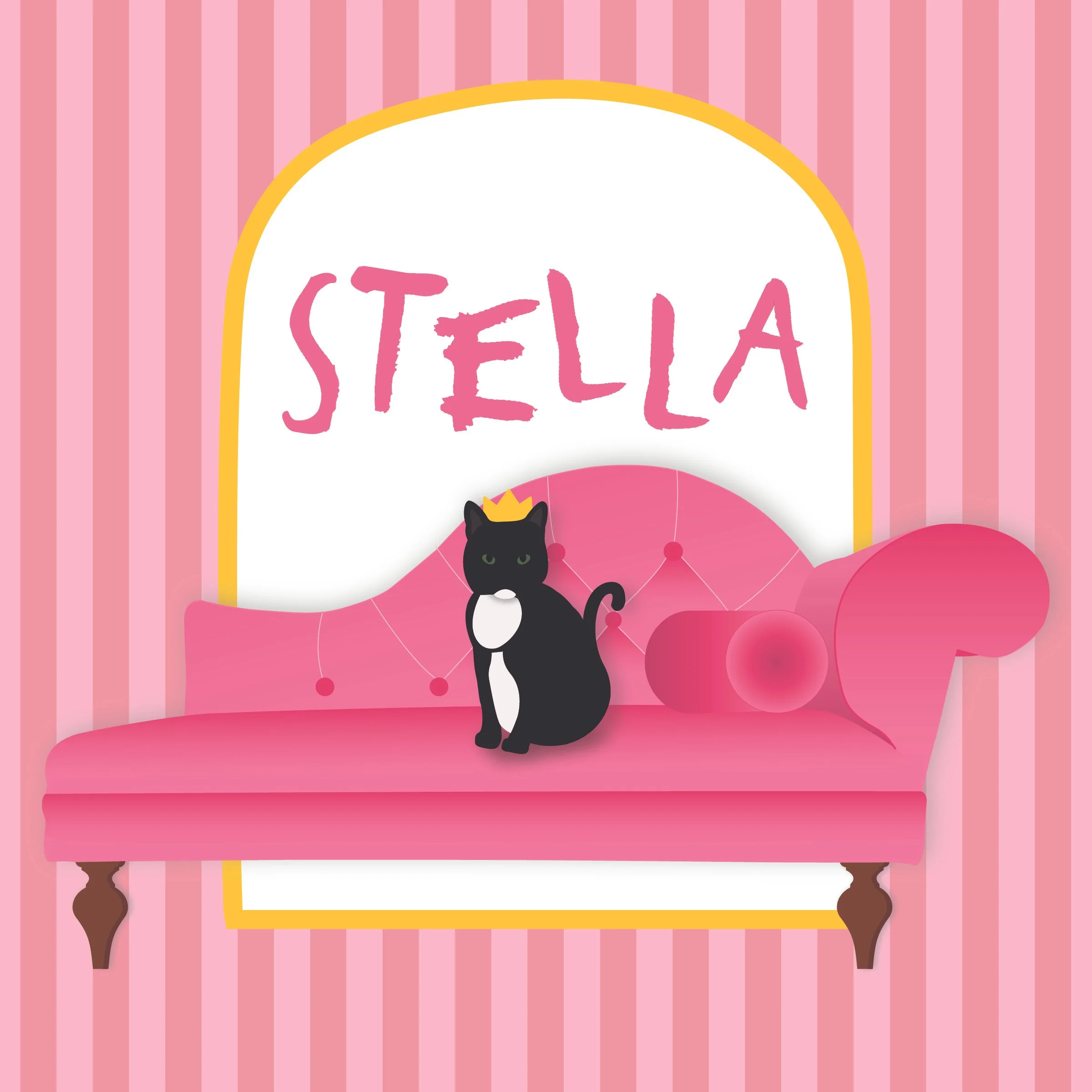 Illustrated children’s book cover titled Stella featuring a black cat with a crown sitting on a pink couch.