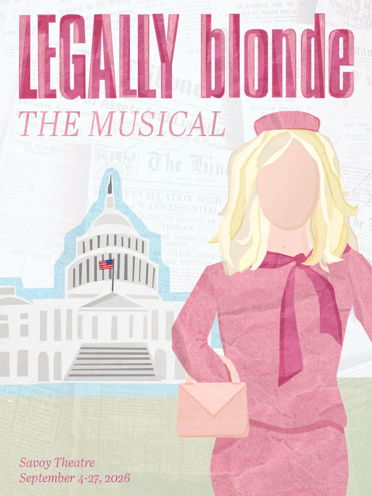 Illustrated poster design for Legally Blonde: The Musical, using soft textures, pink tones, and simplified character illustration to reinterpret the musical’s themes in a modern graphic style.