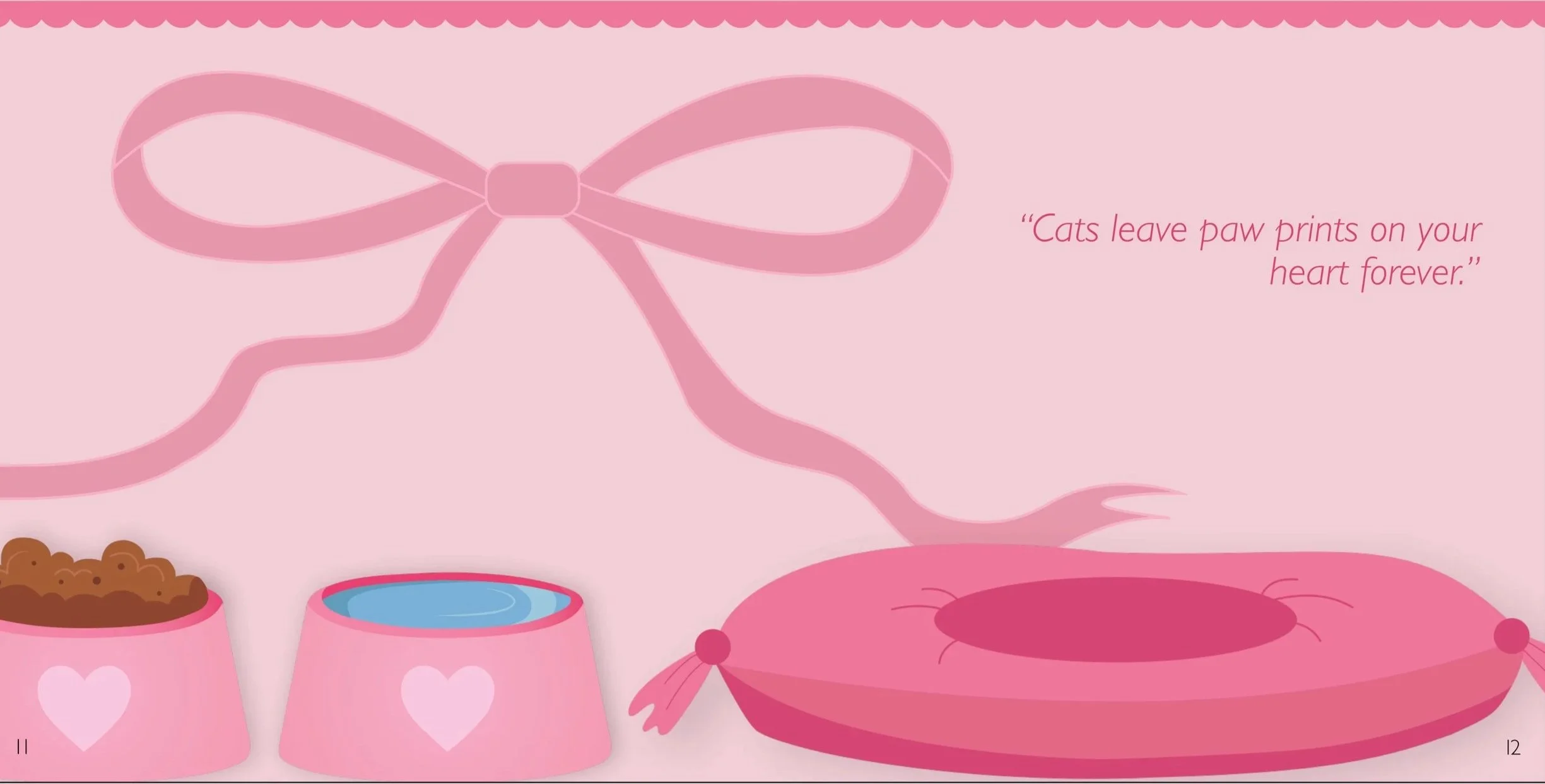 Final spread featuring a food and water bowl with a pink cushion, and a pink bow across the spread.