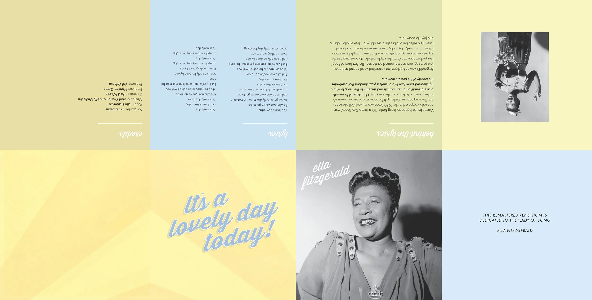 Liner notes layout design for It’s a Lovely Day Today by Ella Fitzgerald, combining typography, pastel color blocking, and vintage-inspired album packaging design.