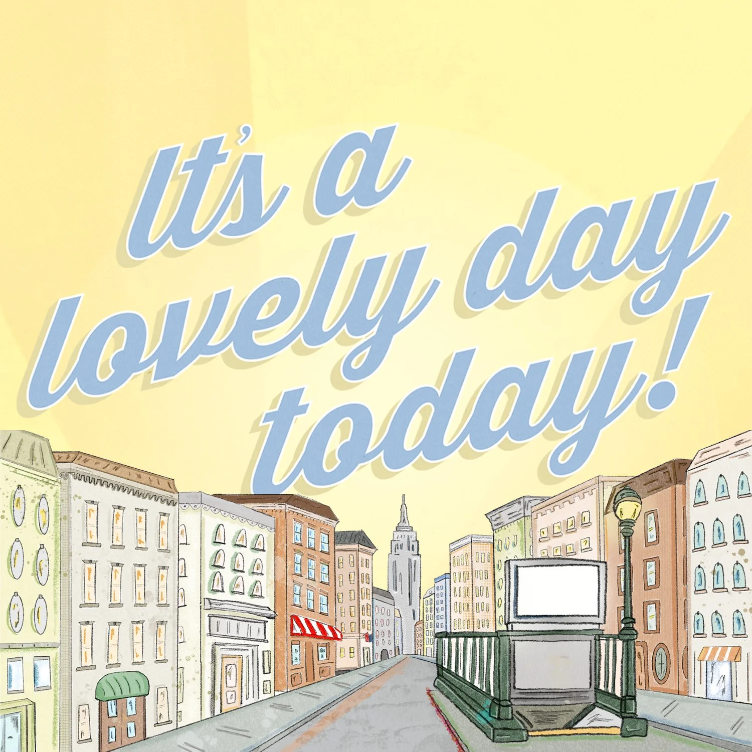 Illustrated album cover design for It’s a Lovely Day Today by Ella Fitzgerald, featuring hand-drawn cityscape illustration and soft pastel color palette.