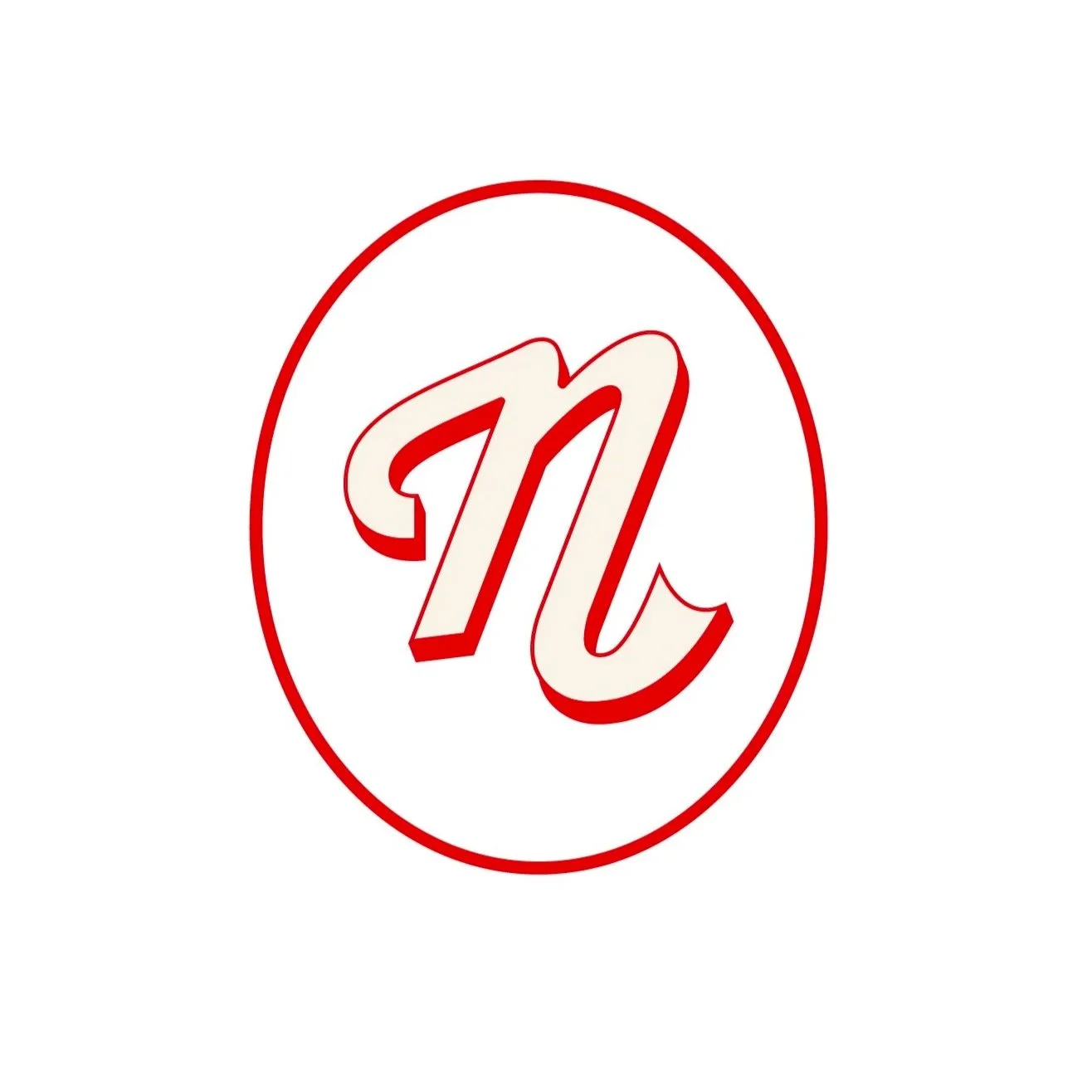 Circular red icon featuring a scripted letter N.