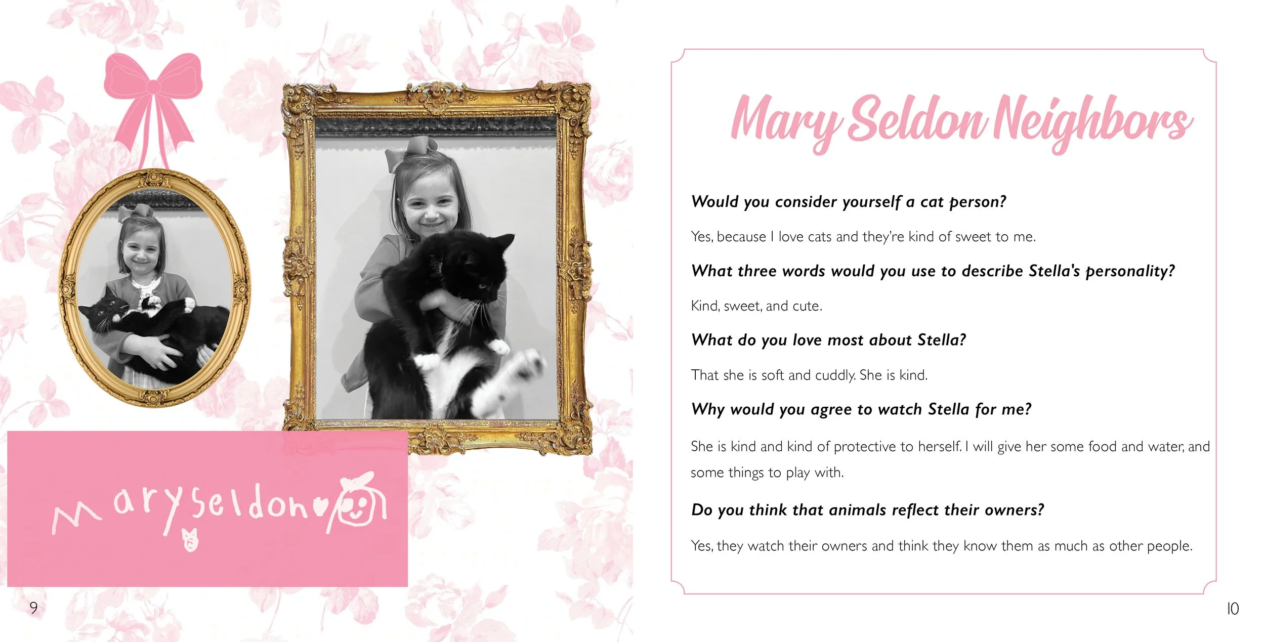 Interior book page featuring interview questions and answers about Stella the cat, set in a pink, floral layout.