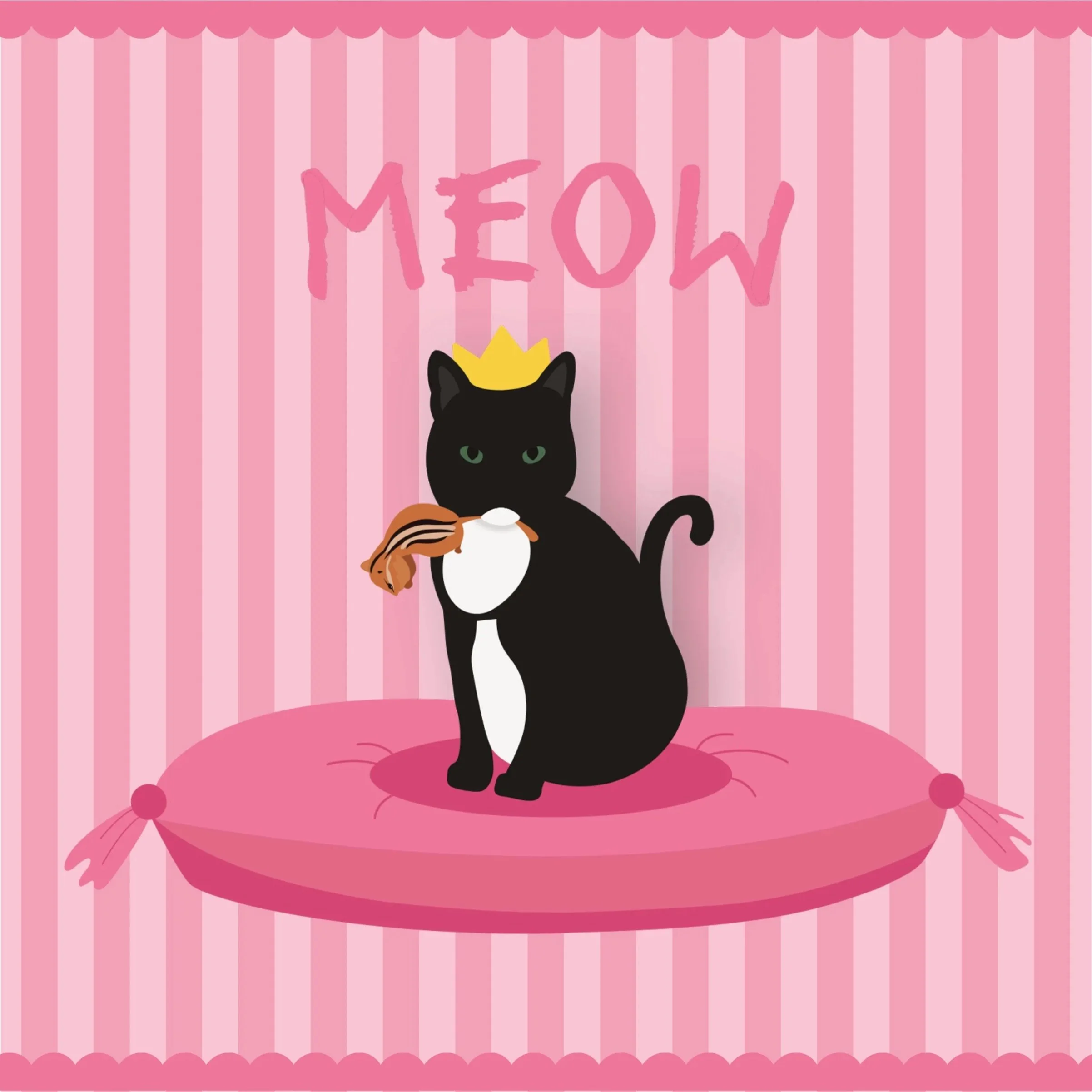 Back cover featuring a black and white cat holding a chipmunk sitting on a pink cushion, and it says "meow".