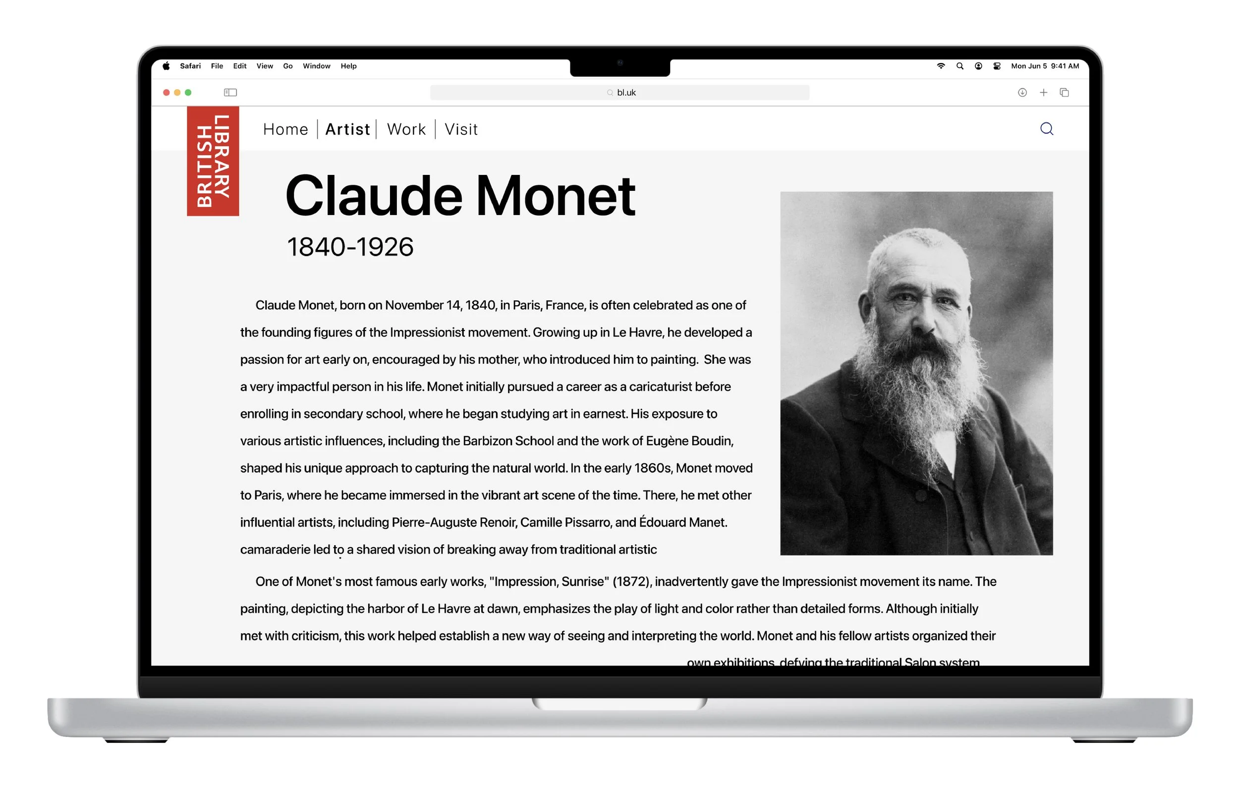 Desktop website design mockups for a British Museum experience, featuring gallery pages, artwork grids, and a “Plan Your Visit” page inspired by Claude Monet’s work.