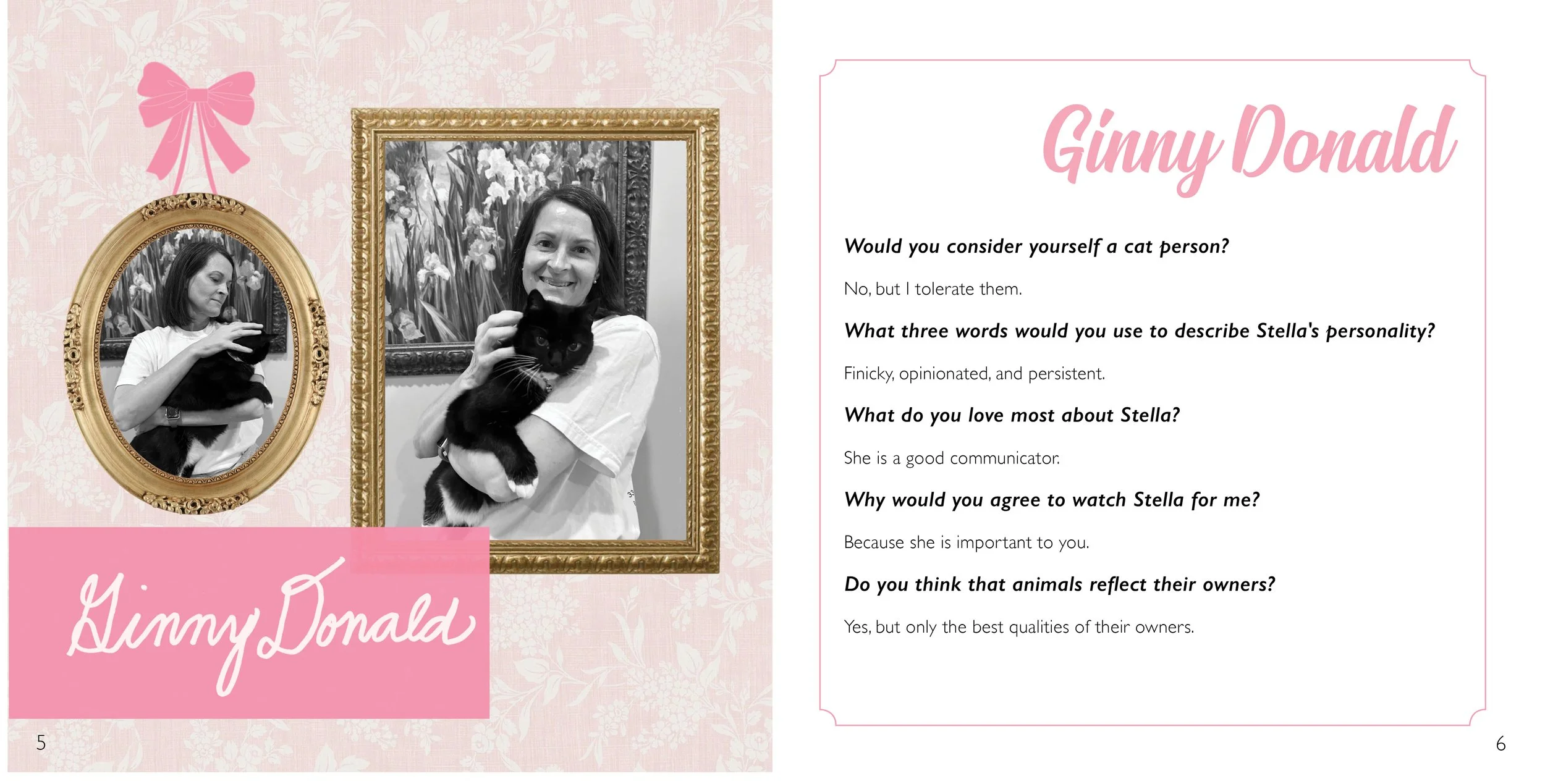 Interior book page featuring interview questions and answers about Stella the cat, set in a pink, floral layout.