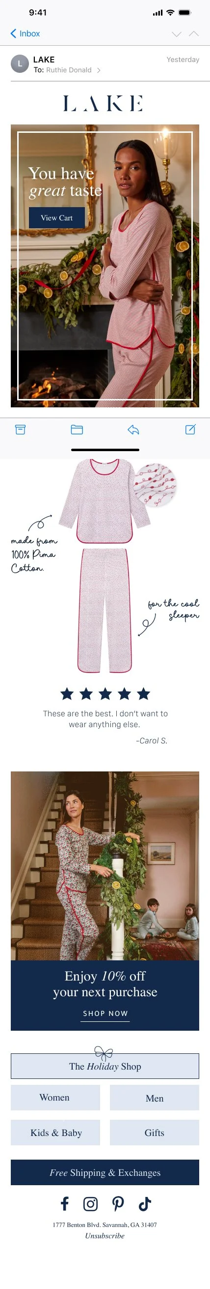 Email drip campaign design for LAKE Pajamas featuring lifestyle imagery, product highlights, and seasonal promotions.