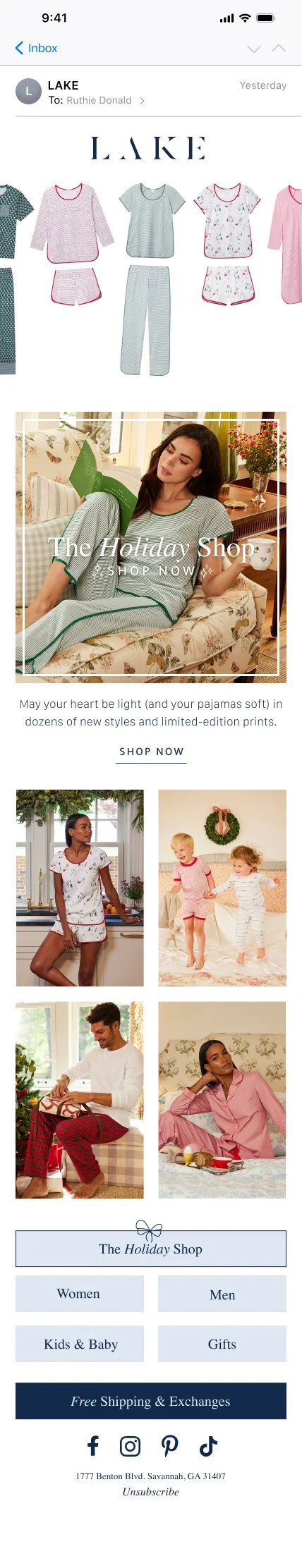 Email drip campaign design for LAKE Pajamas featuring lifestyle imagery, product highlights, and seasonal promotions.