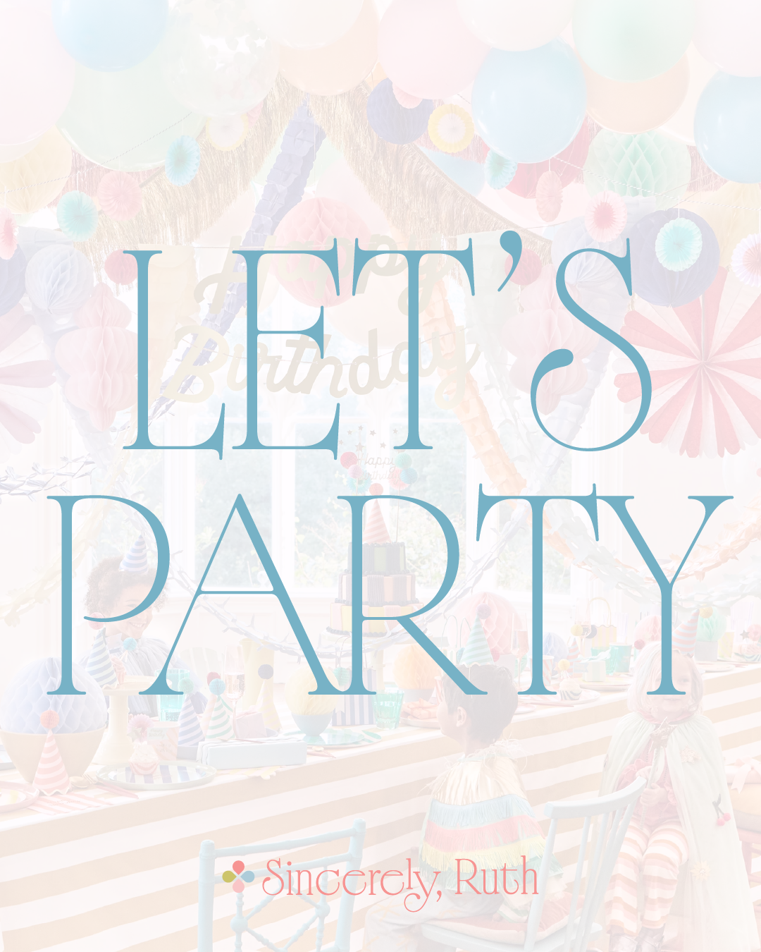 Social media campaign graphics for Sincerely, Ruth, showcasing playful typography, pastel colors, and party-themed visual branding.
