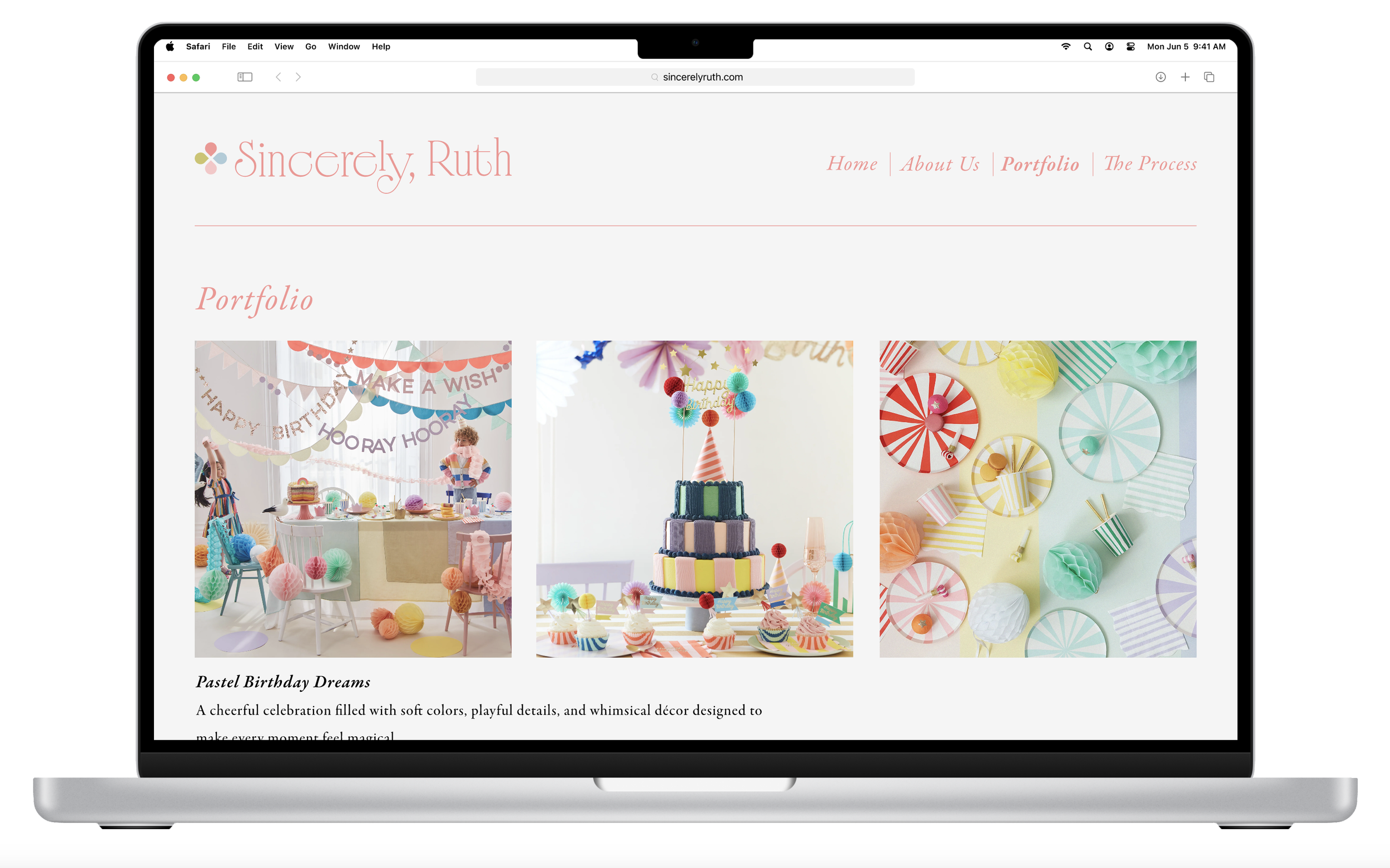 Website mockup design for Sincerely, Ruth, an event styling and party planning brand, featuring homepage, portfolio layout, and cohesive brand visuals.