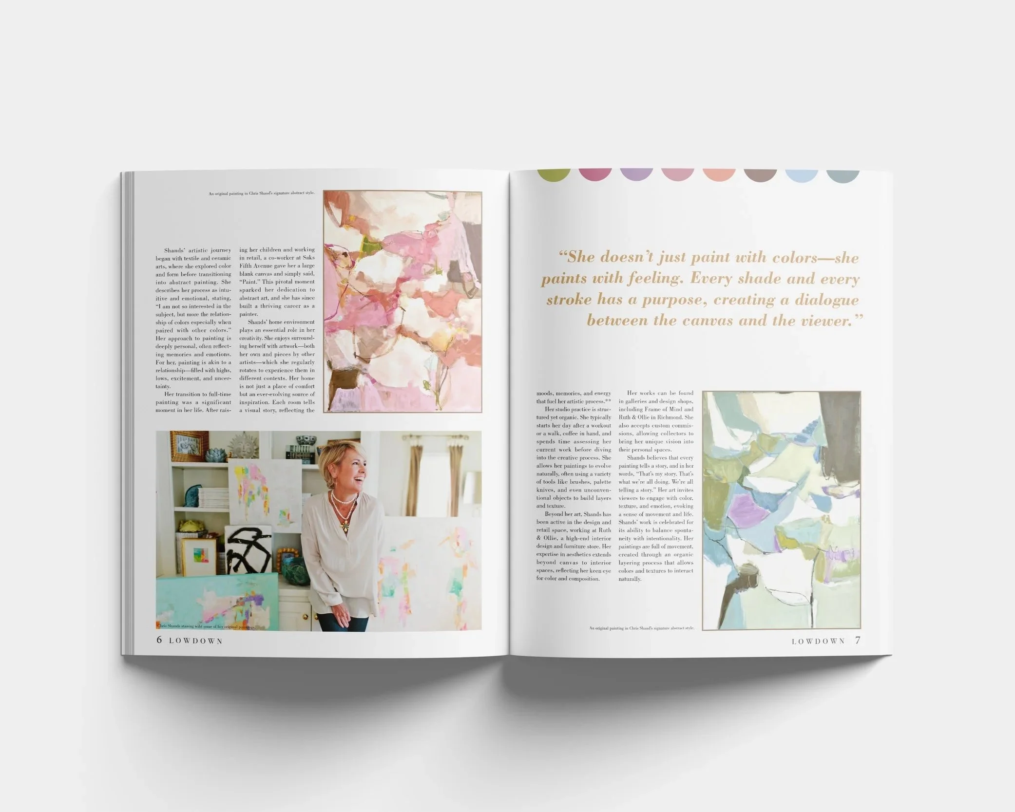 Magazine spread showing photos of Chris Shands’ studio and a quote about painting with emotion.