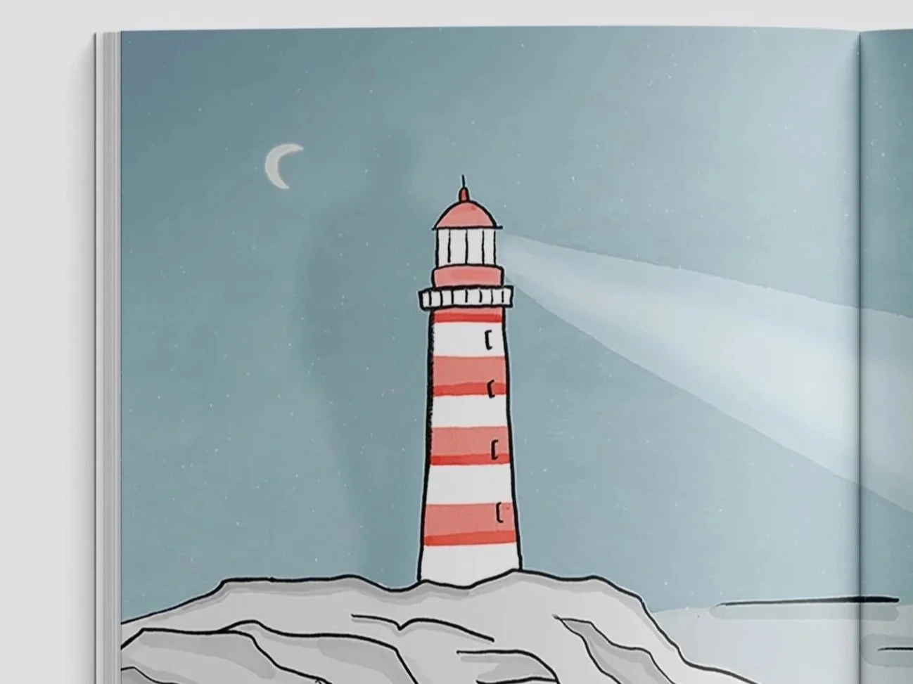 Sailboat illuminated by a lighthouse beam as it sails through nighttime waters with rocky terrain.