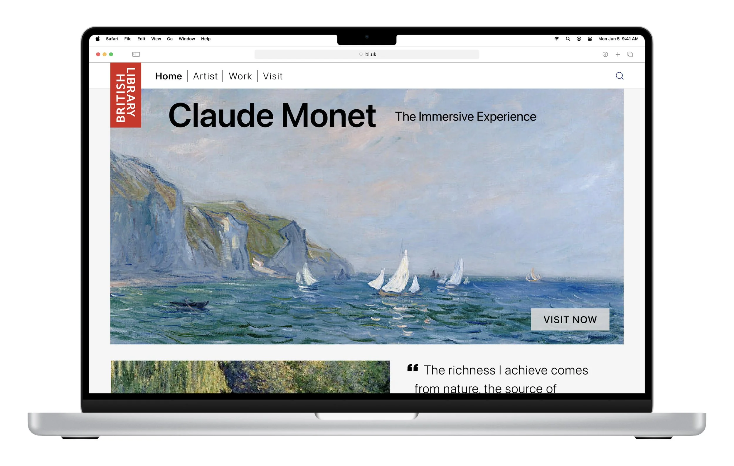 Desktop website design mockups for a British Museum experience, featuring gallery pages, artwork grids, and a “Plan Your Visit” page inspired by Claude Monet’s work.