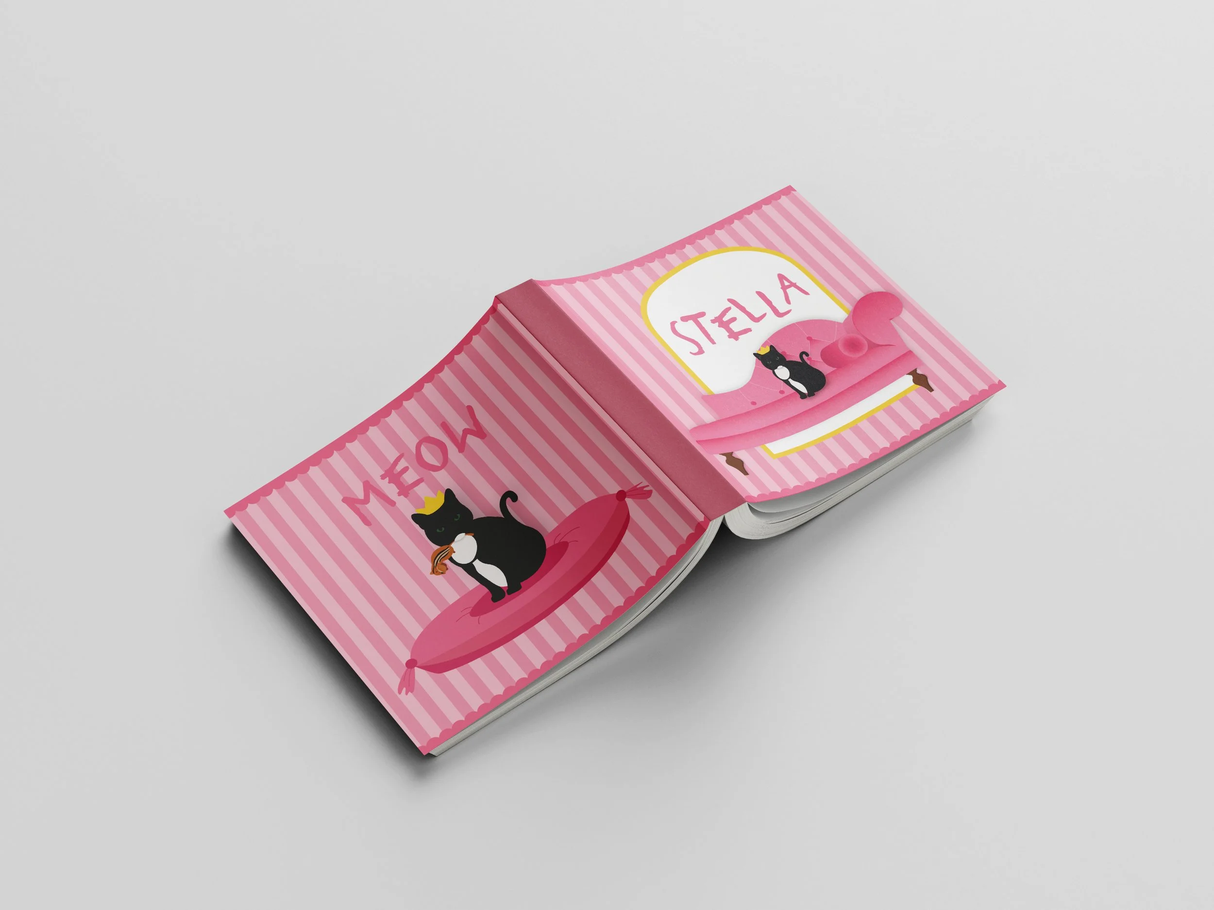 Open book with pink striped pages, featuring a black cat with a yellow crown, holding a chipmunk on the left page labeled "MEOW", and a black cat on a pink bed on the right page labeled "STELLA".