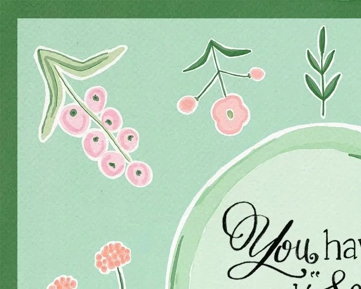Close-up detail of a hand-lettered scripture poster featuring Psalm 27:8, highlighting refined typography and floral illustration.