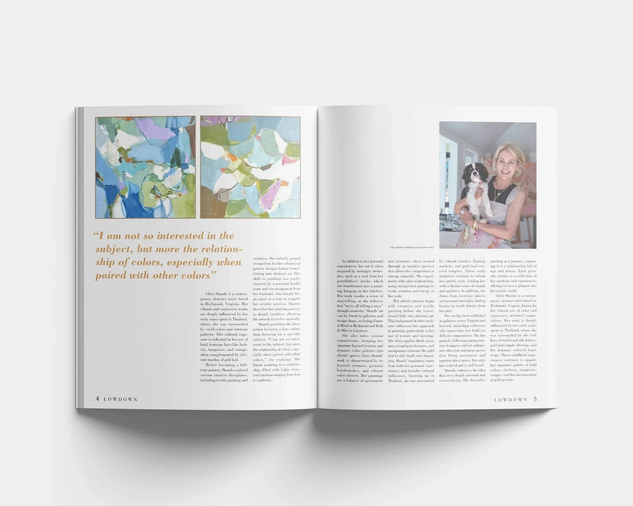 Magazine spread showcasing colorful contemporary artwork with a quote about color relationships.