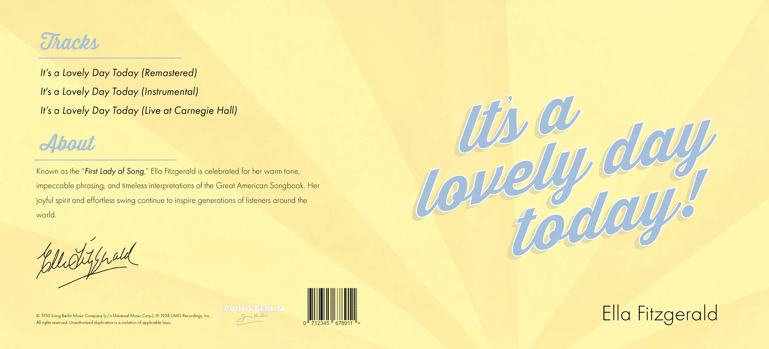 Full album cover mockup for It’s a Lovely Day Today by Ella Fitzgerald, showcasing illustrated typography in a retro-inspired design style.