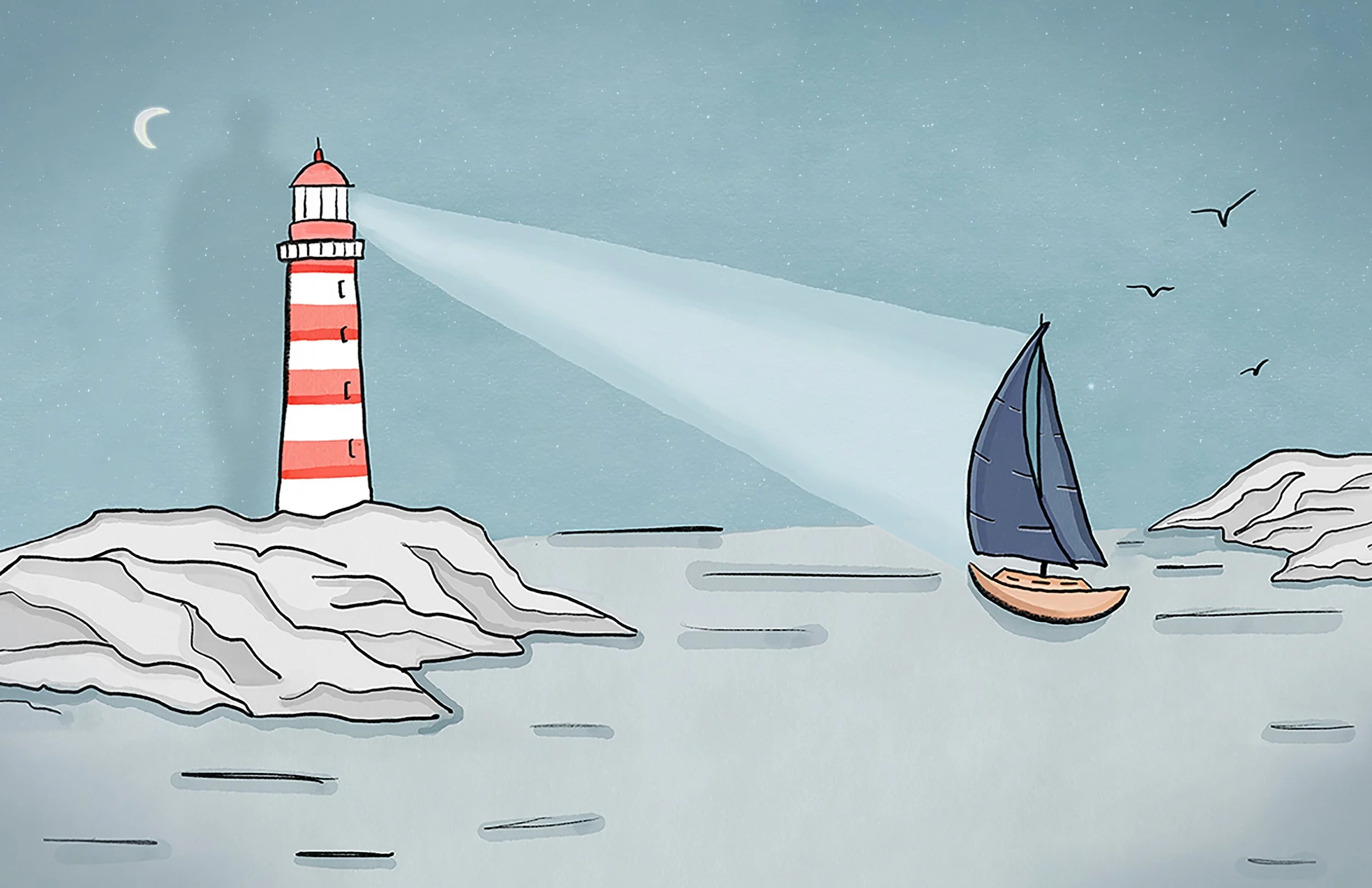 Red‑and‑white lighthouse casting a beam of light toward a small sailboat navigating dark, rocky waves.