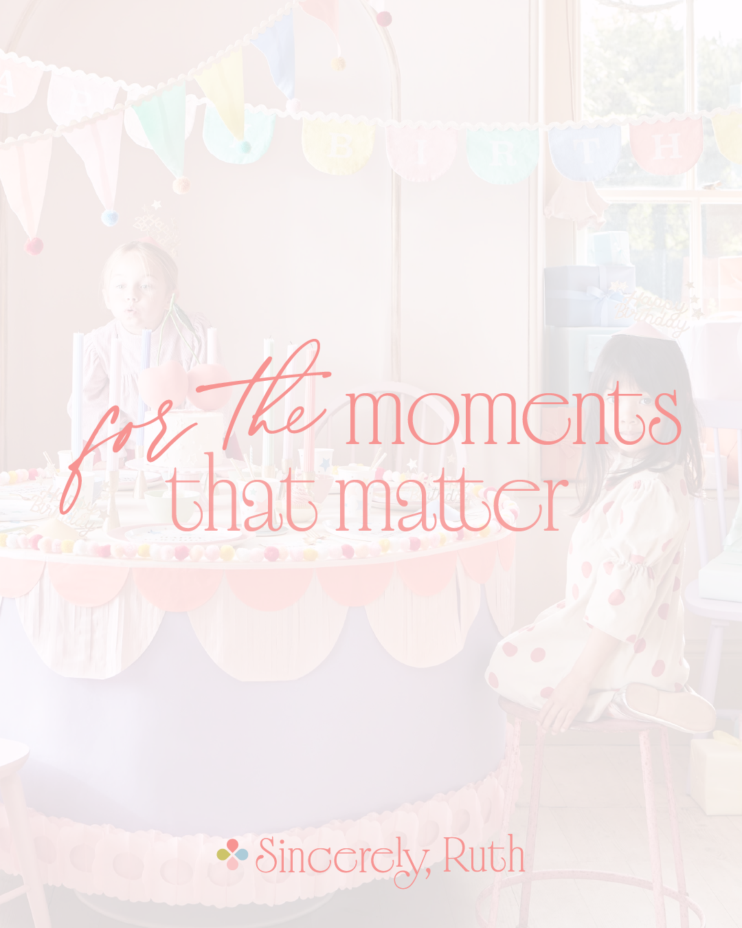 Social media campaign graphics for Sincerely, Ruth, showcasing playful typography, pastel colors, and party-themed visual branding.