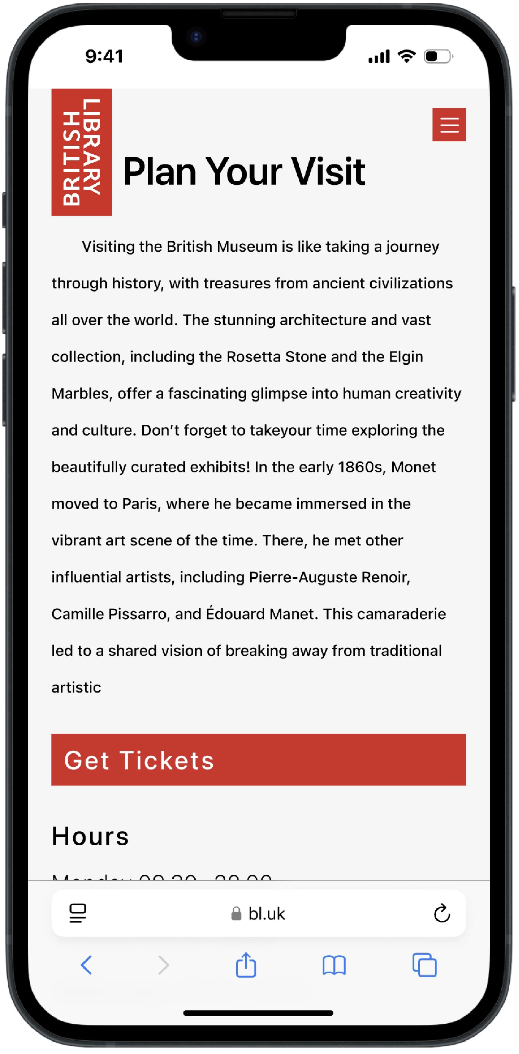 Mobile website design mockups for a British Museum experience, featuring gallery pages, artwork grids, and a “Plan Your Visit” page inspired by Claude Monet’s work.