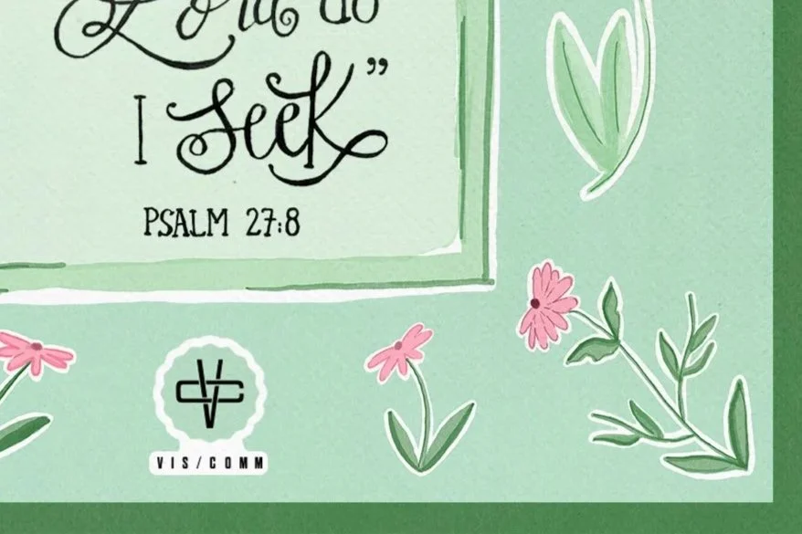 Close-up detail of a hand-lettered scripture poster featuring Psalm 27:8, highlighting refined typography and floral illustration.