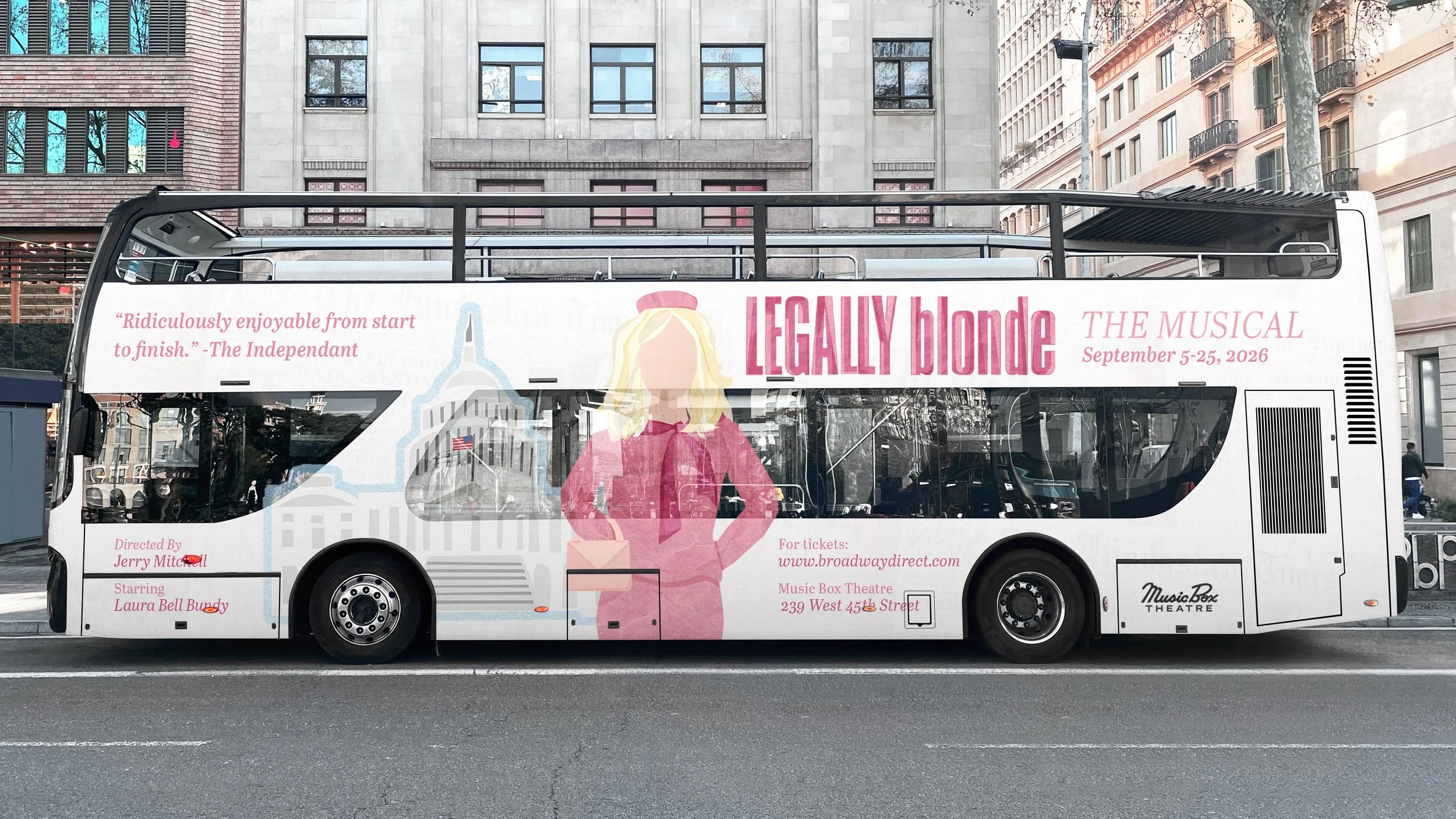 Bus wrap mockup for Legally Blonde: The Musical, featuring extended horizontal layout of the illustrated poster design adapted for large-format outdoor advertising and transit marketing.