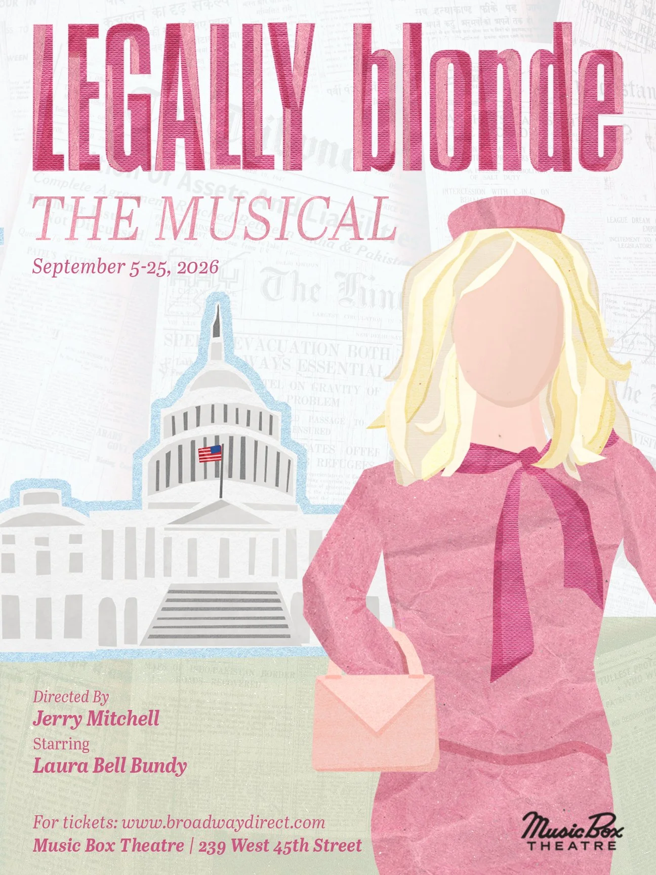 Subway poster mockup for Legally Blonde: The Musical, showcasing an illustrated, Elle Woods character and Capitol-inspired backdrop, designed for large-scale transit advertising.