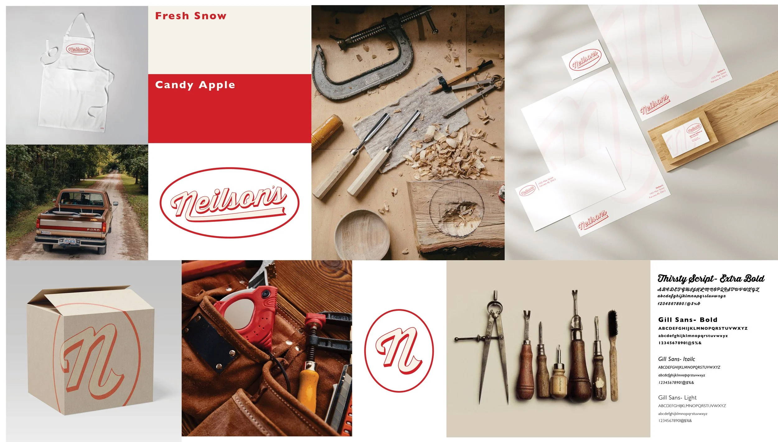 Bento-style layout showing color swatches, packaging mockups, tools, and signage for Neilson’s branding.